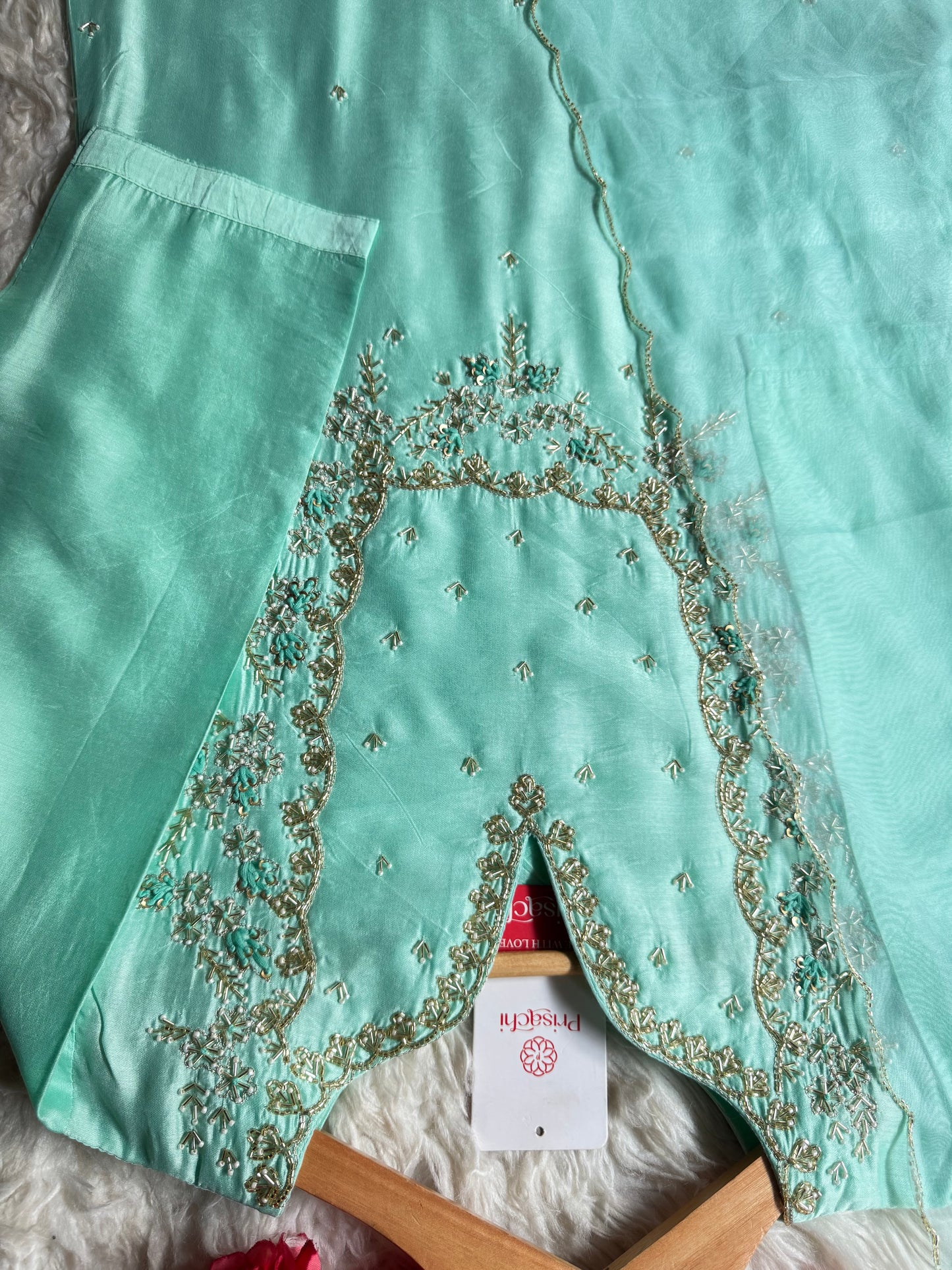 Sky blue Embroidered kurta Pant  with dupatta with Zardosi work
