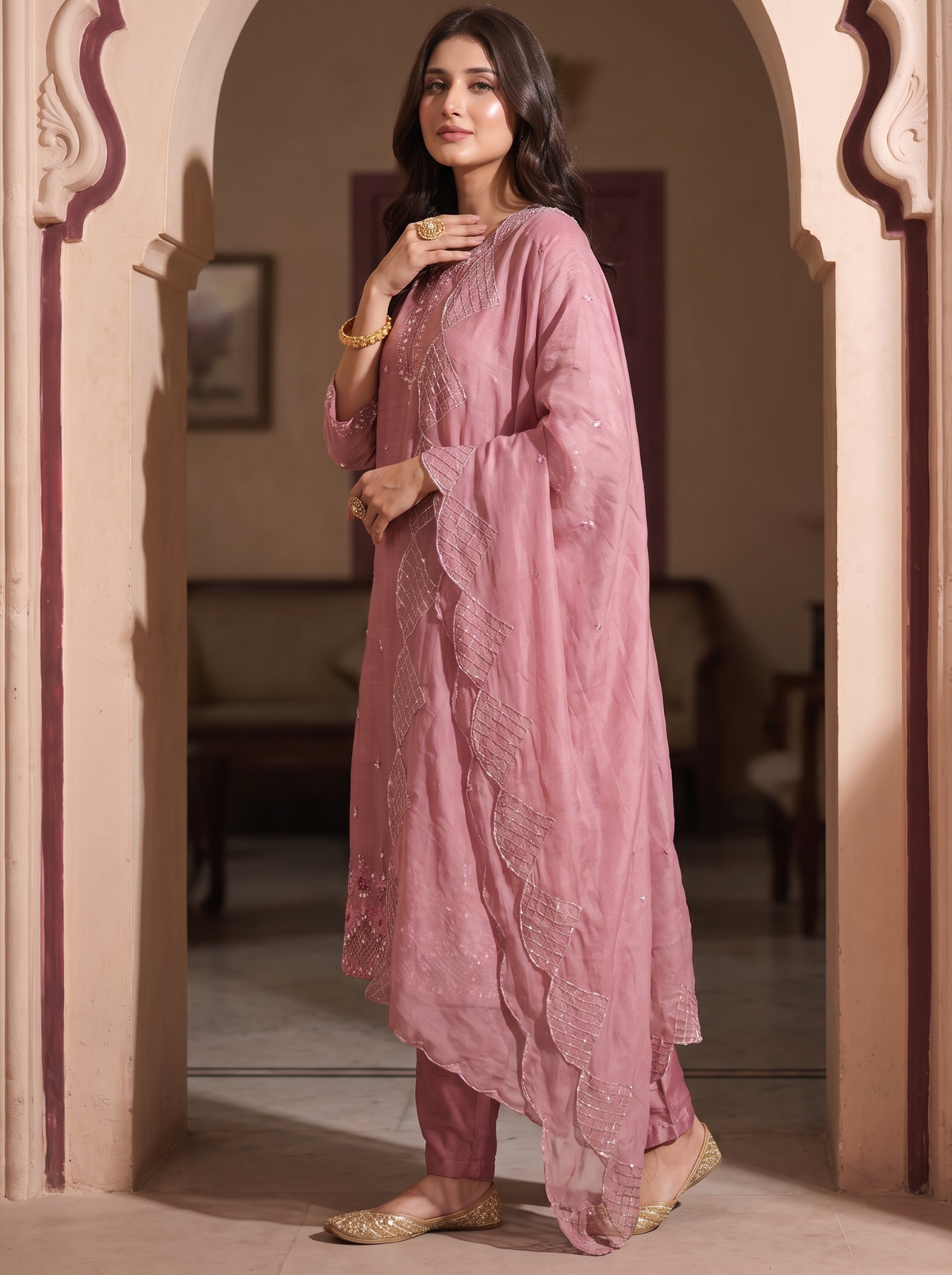 Onion Pink Embroidered Straight Kurta Pant Set with a Scalloped Dupatta.