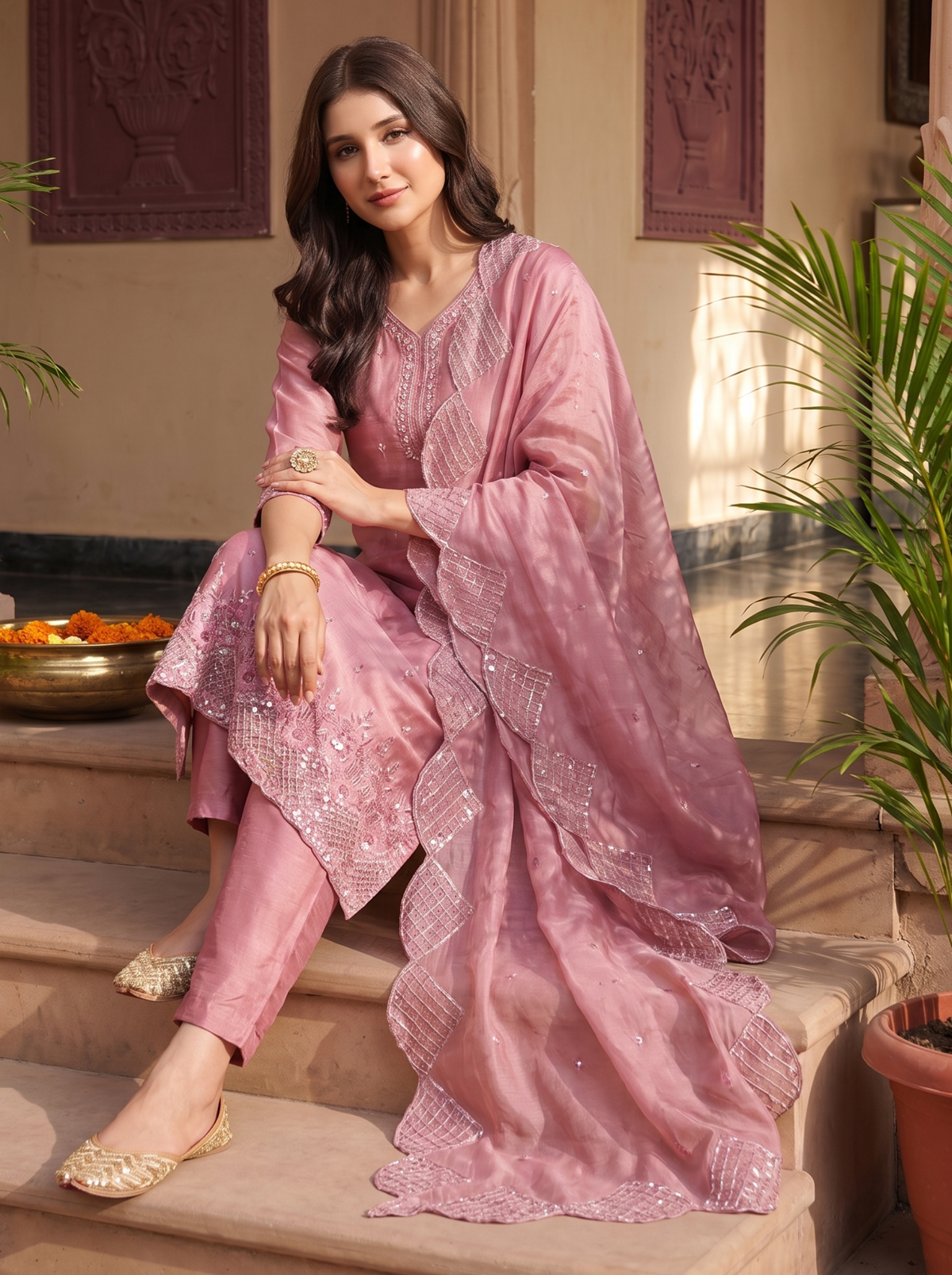 Onion Pink Embroidered Straight Kurta Pant Set with a Scalloped Dupatta.