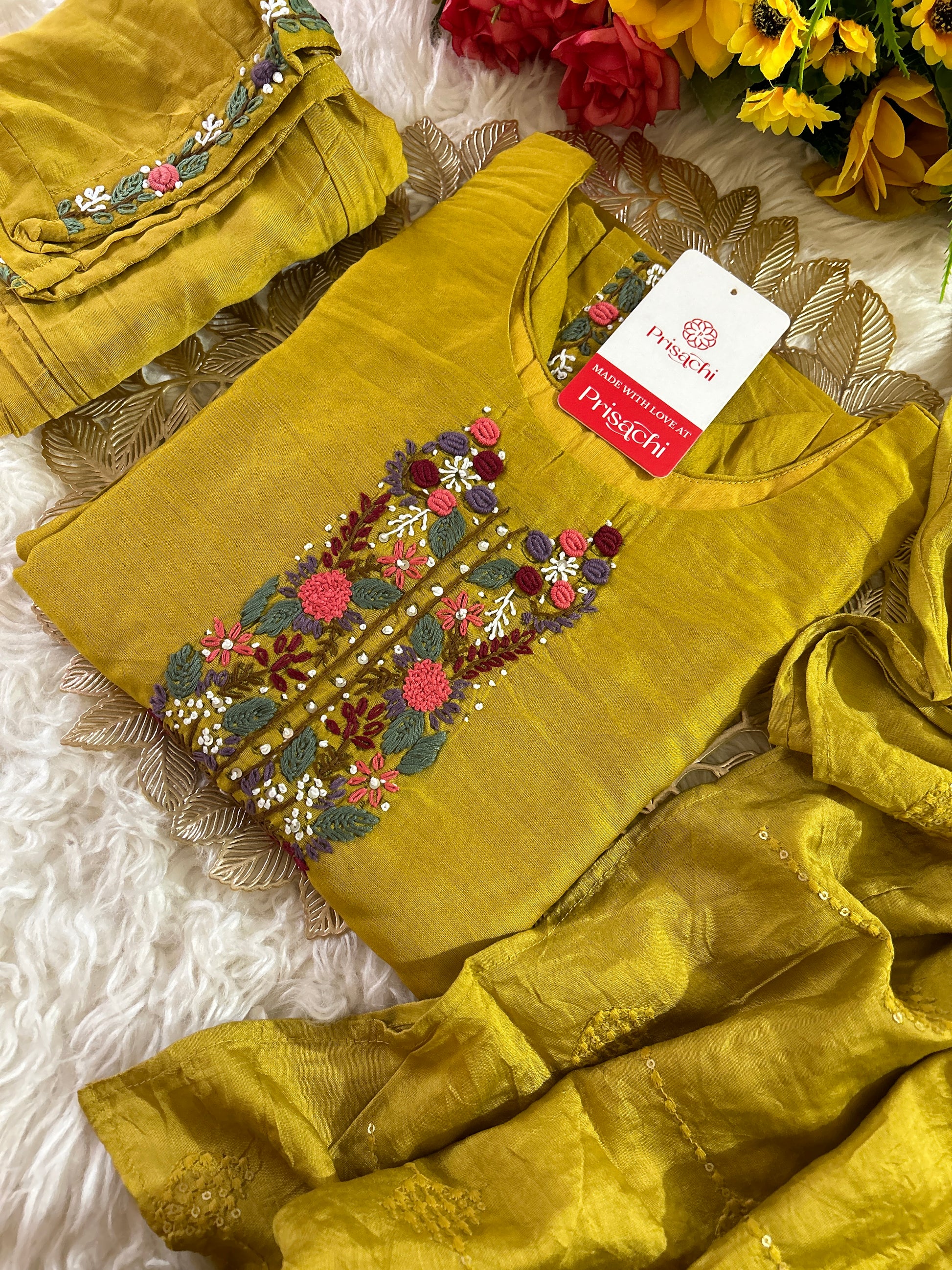 Yellow embroidered chanderi silk kurta set with dupatta - Prisachi Official
