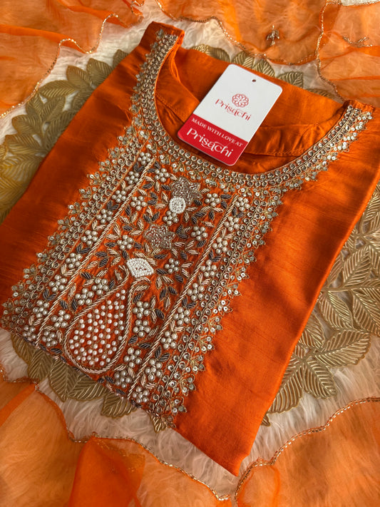 Orange  Designer embroidered kurta set with dupatta