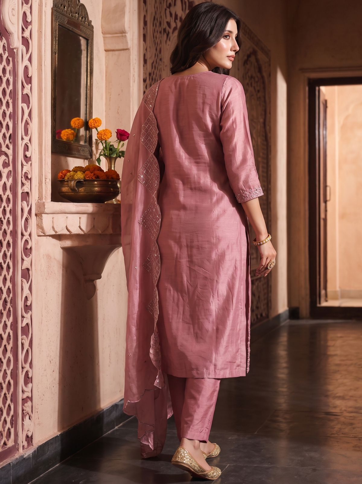 Onion Pink Embroidered Straight Kurta Pant Set with a Scalloped Dupatta.