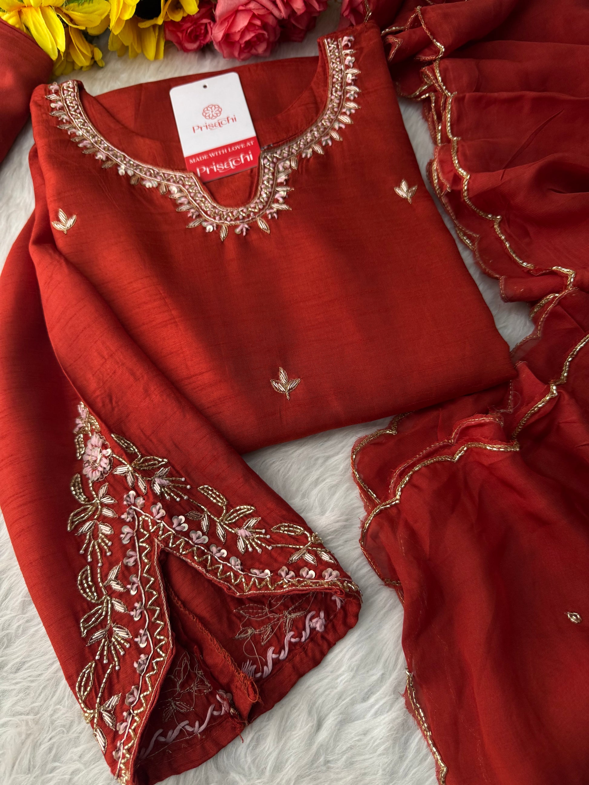 Orange Designer Embroidered Kurta Set with Pants & Dupatta – Ethnic Wear - Prisachi Official