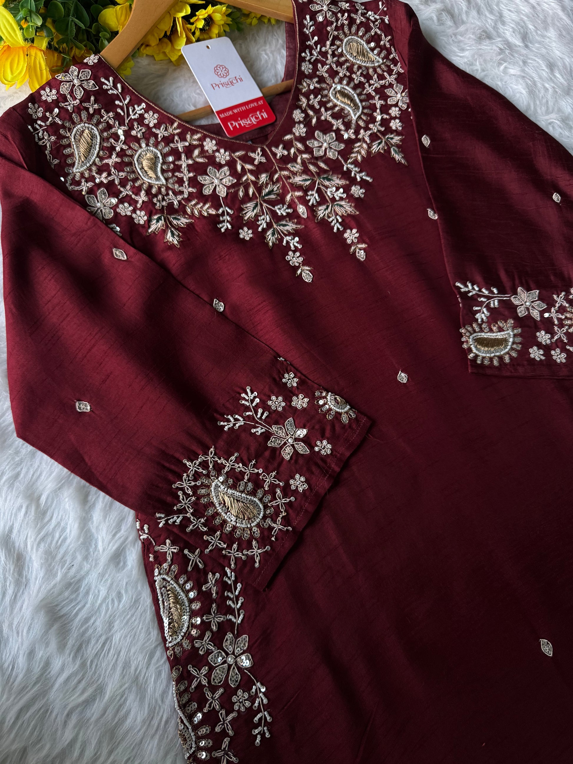 Brown hand embroidered kurta pant with dupatta with Pockets - Prisachi Official