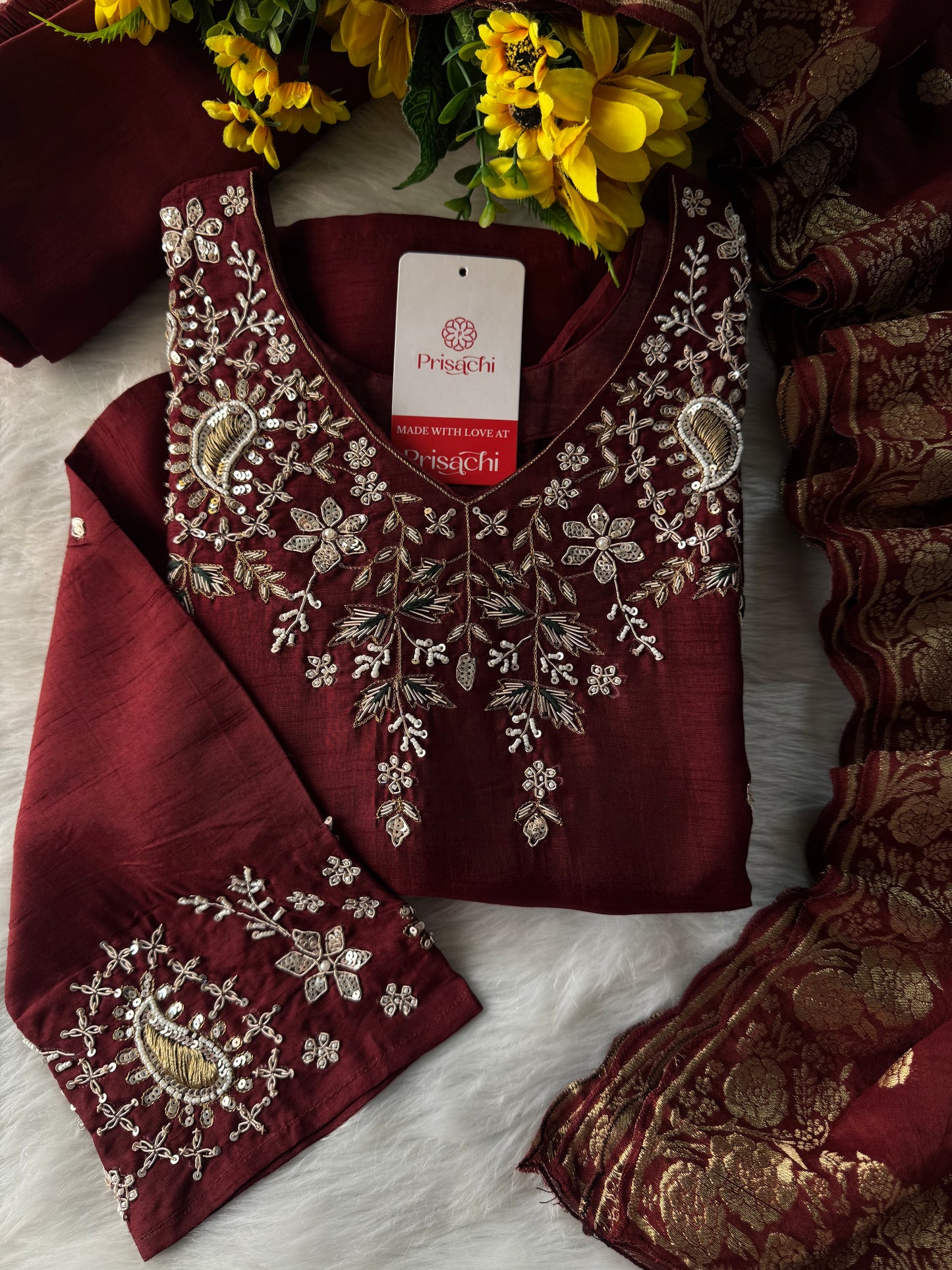 Brown hand embroidered kurta pant with dupatta with Pockets - Prisachi Official