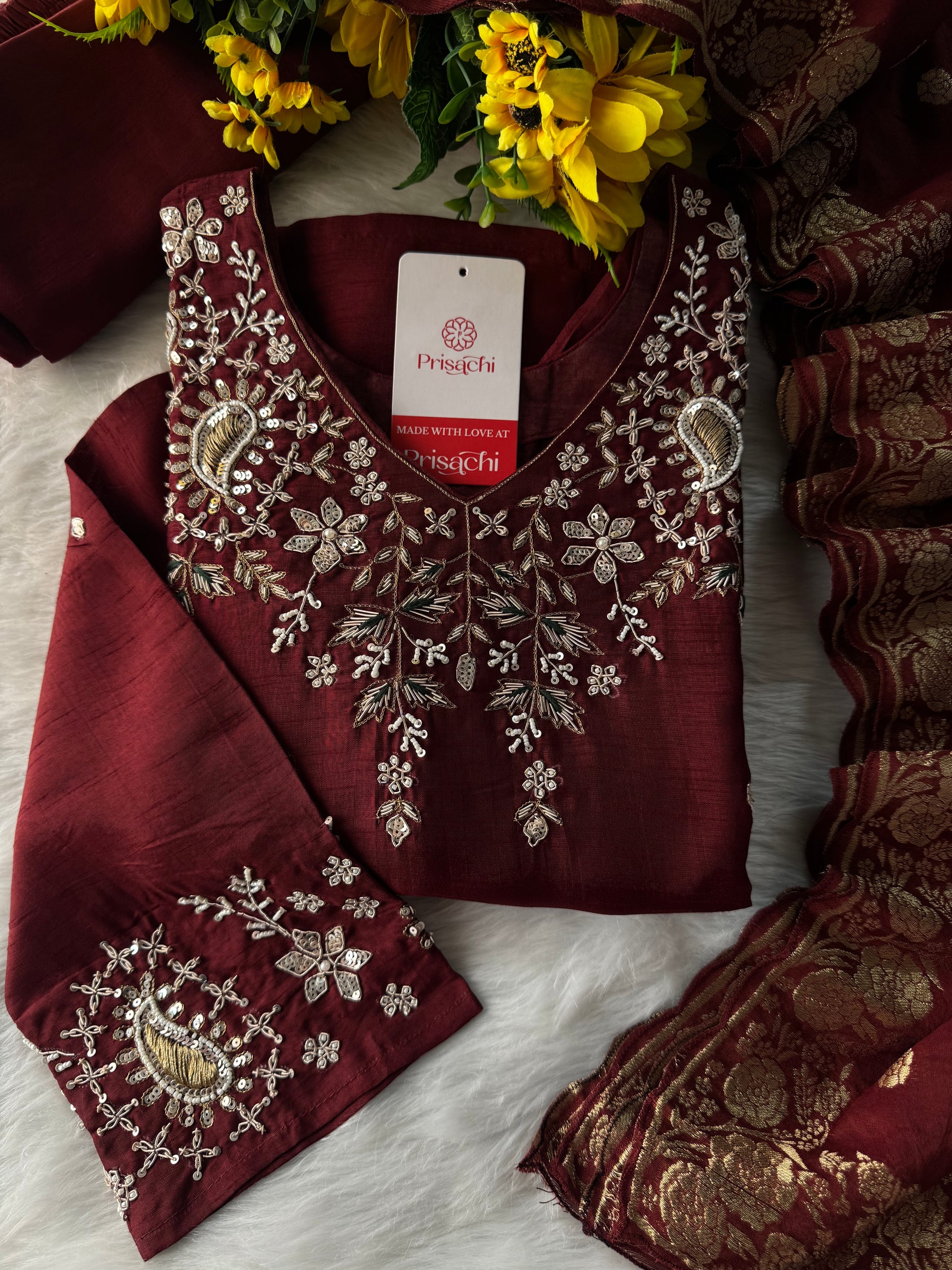 Brown hand embroidered kurta pant with dupatta with Pockets - Prisachi Official