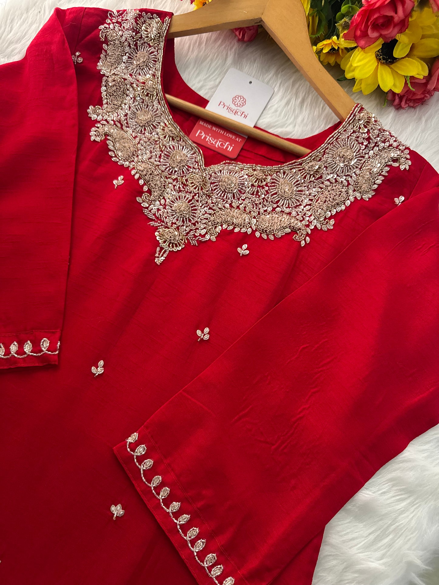 Red Embroidered kurta Pant with dupatta - Prisachi Official