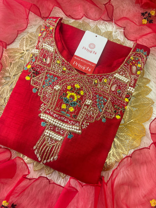 Red embroidered kurta set with dupatta