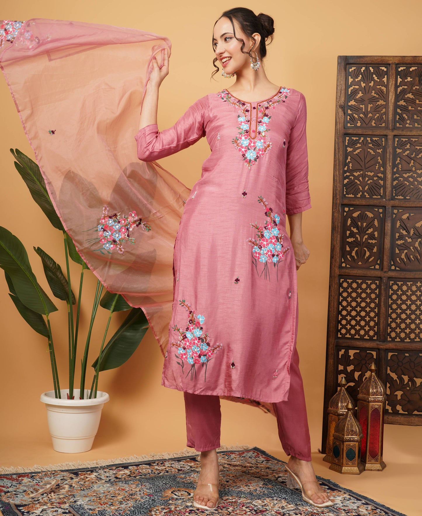 Pink Designer Embroidered Ethnic Kurta Set with Pant & Dupatta - Prisachi Official