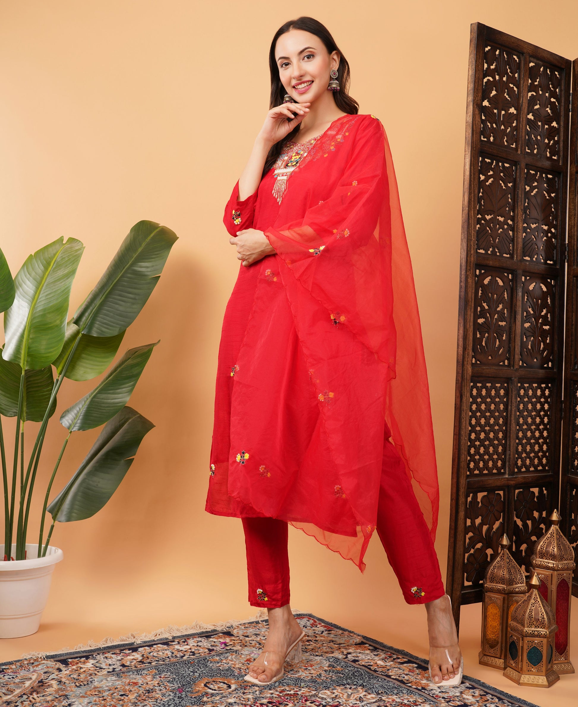 Red Designer Embroidered Ethnic Kurta Set with Pant & Dupatta - Prisachi Official