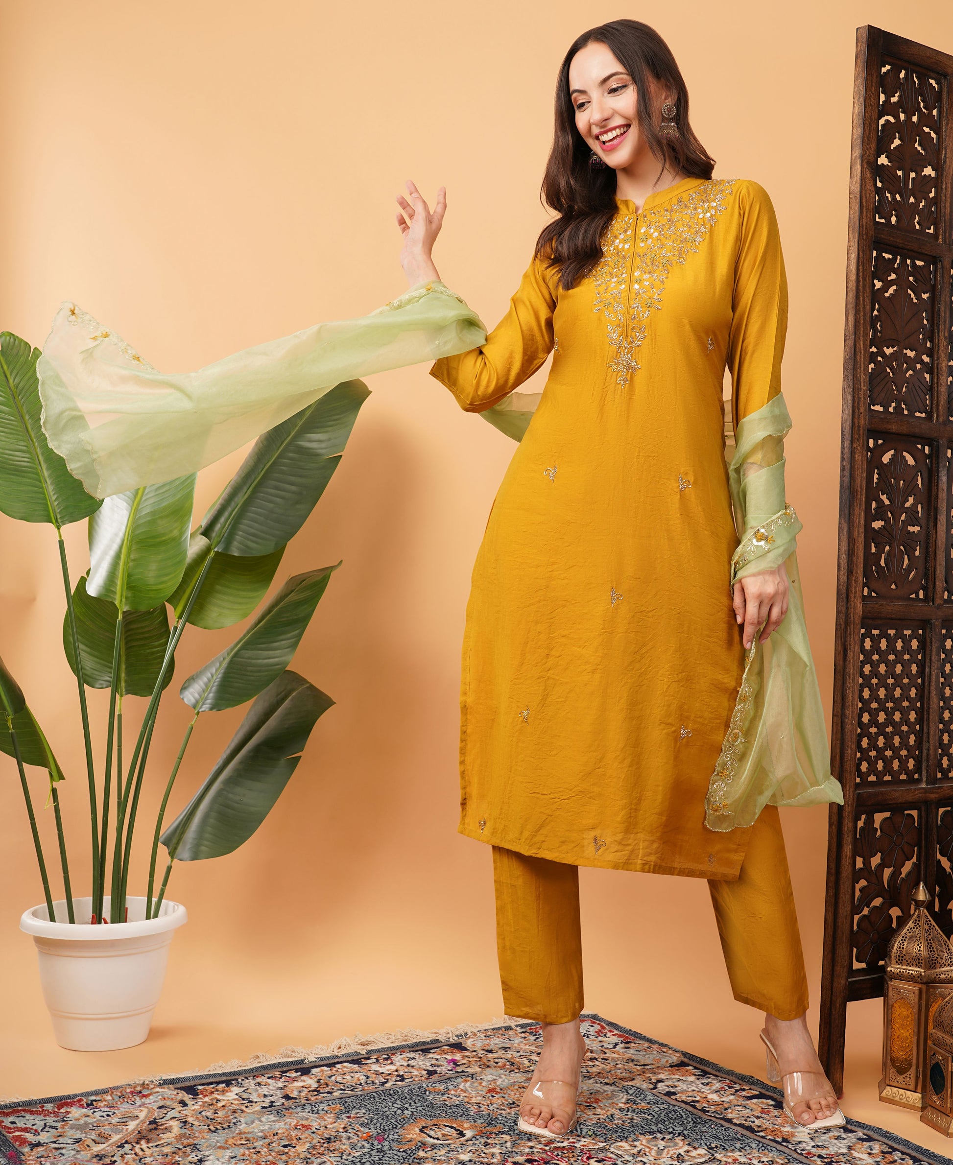 Yellow Designer Embroidered Ethnic Kurta Set with Pant & Dupatta - Prisachi Official