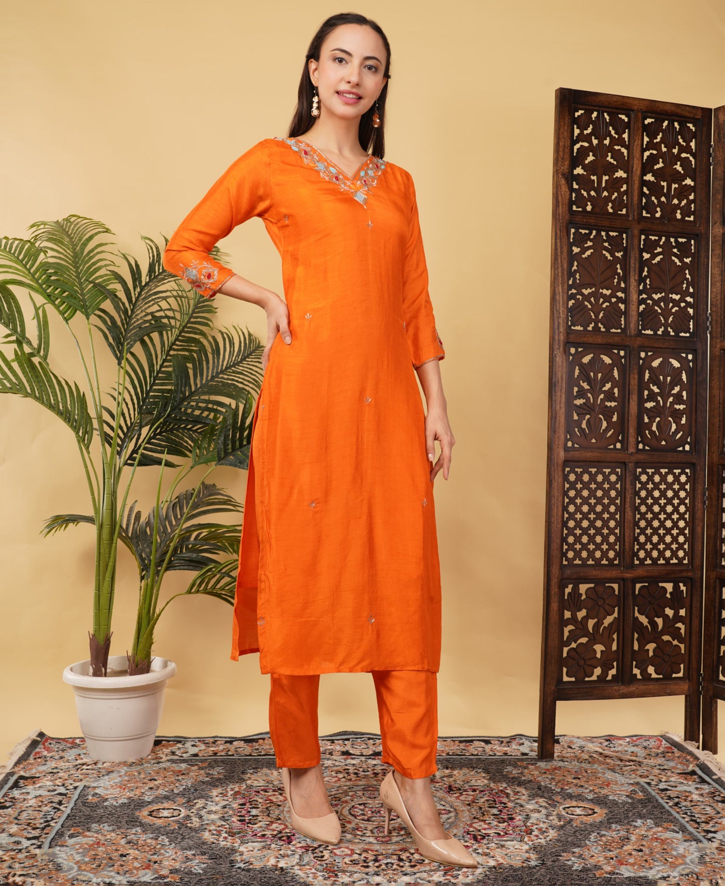 Orange Designer Embroidered Ethnic Kurta Set with Pant & Dupatta - Prisachi Official