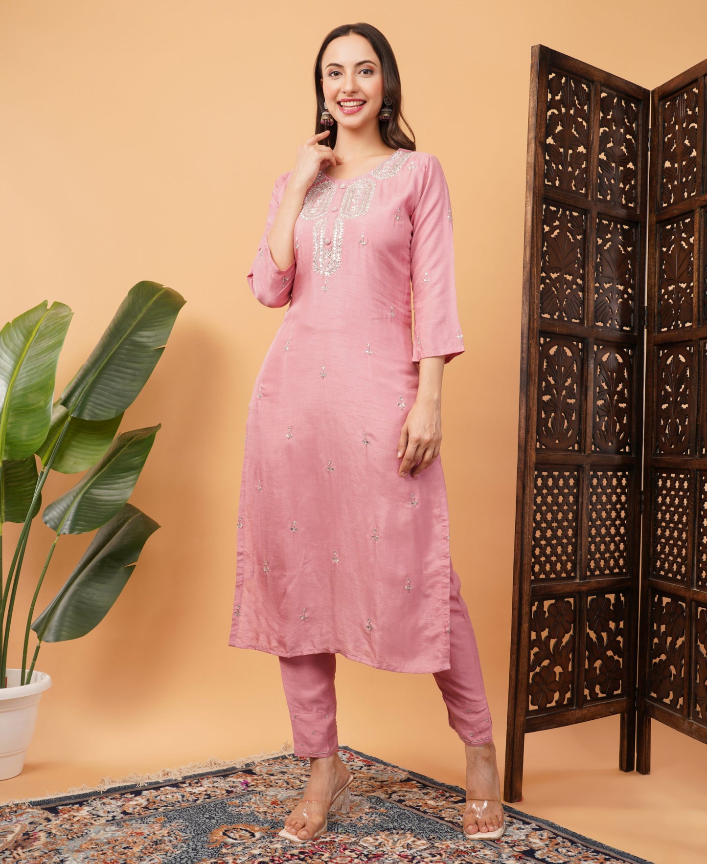 Pink embroidered kurta set with dupatta - Prisachi Official