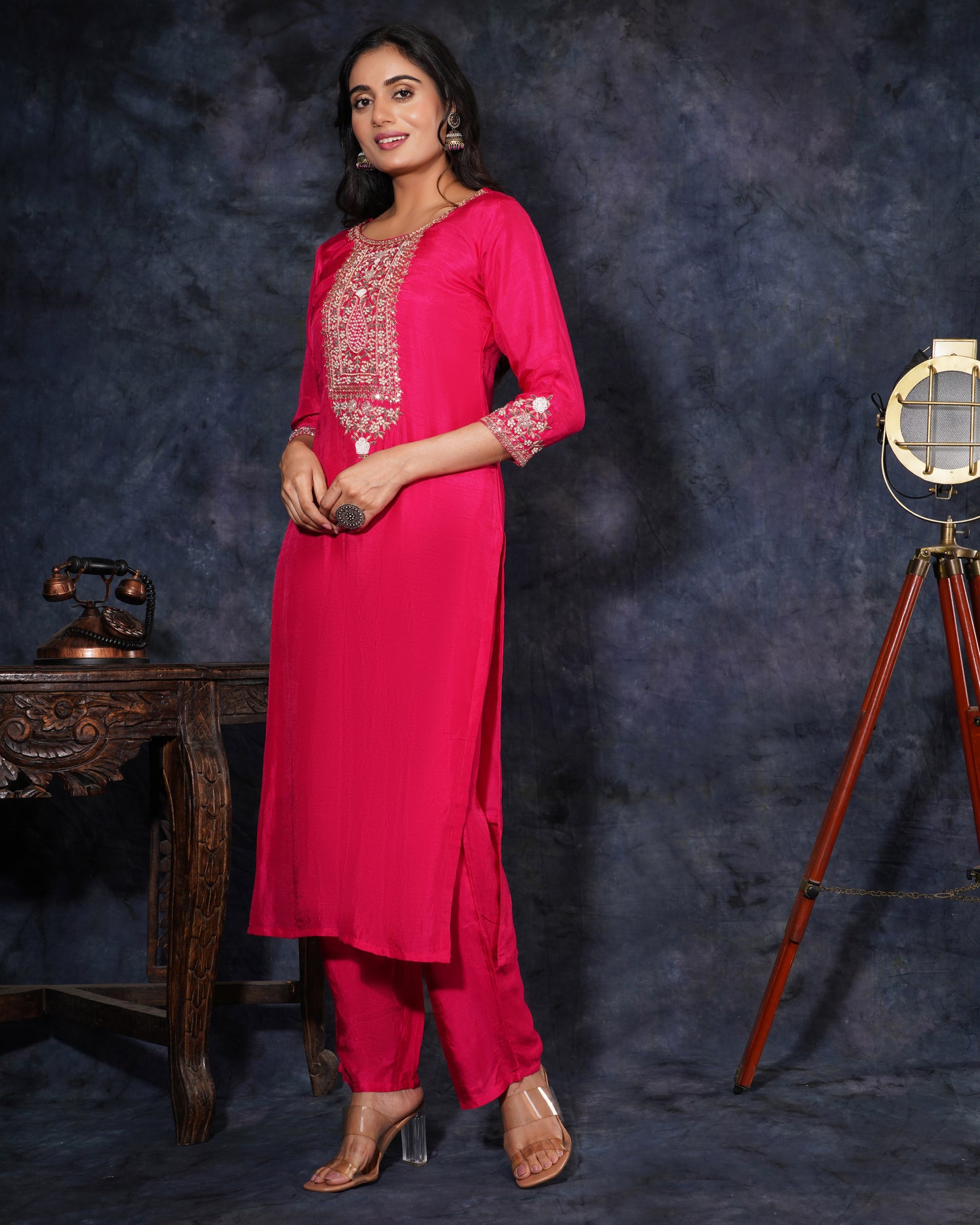 Pink embroidered kurta set with dupatta