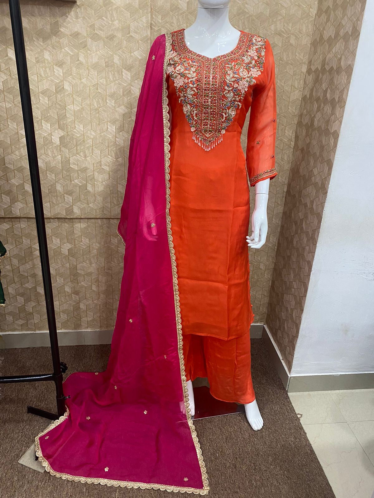 Orange Embroidered Kurta Pant  With Contrast Pink Dupatta