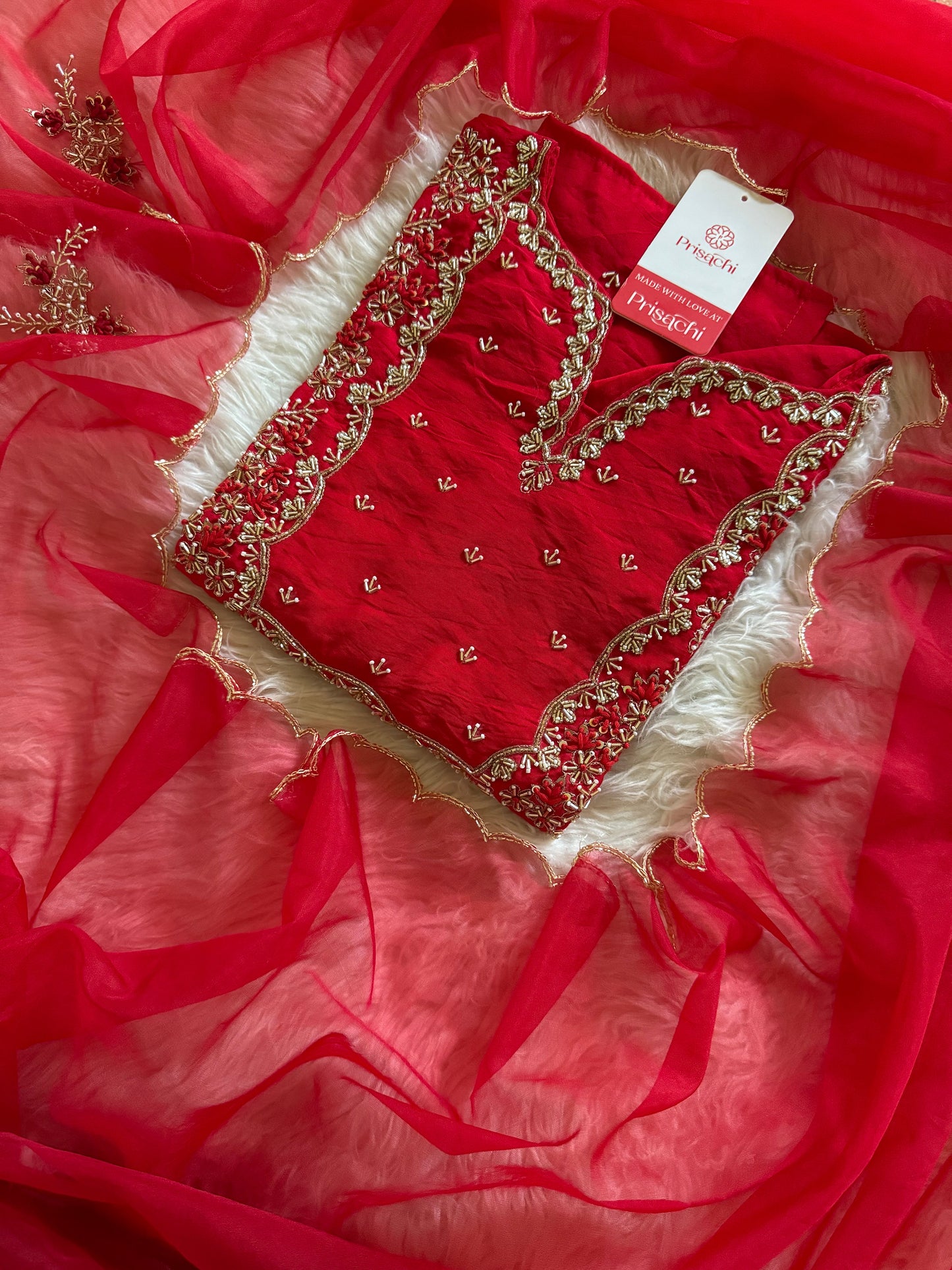 Red embroidered kurta bottom with dupatta with Zardosi work - Prisachi Official