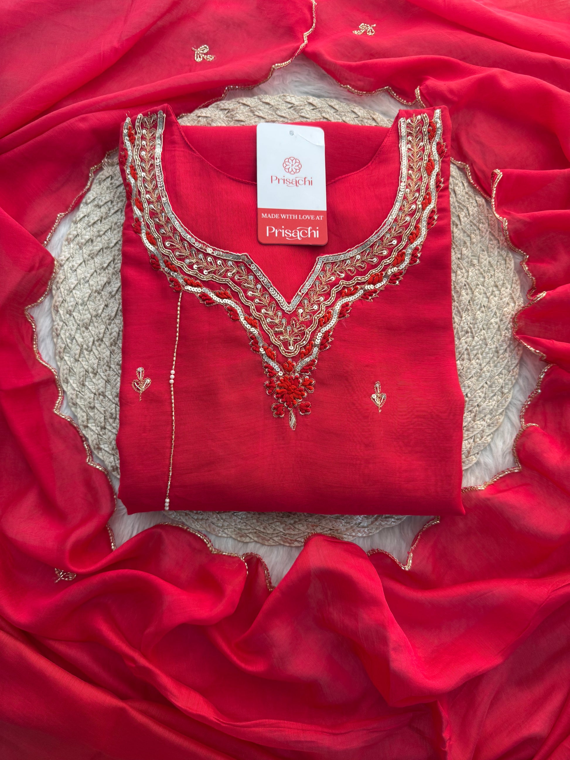 Pink Embroidered A-Line kurta set with dupatta and Pant - Prisachi Official