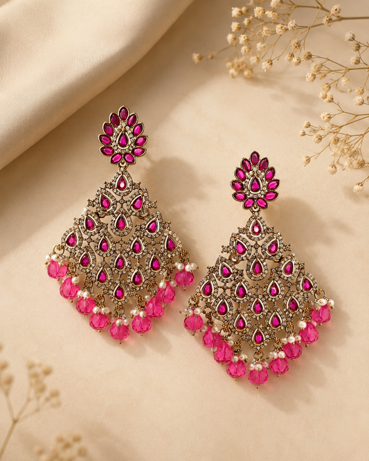 Gold-Plated Traditional Kundan & Fuchsia Stone Jhumka Earrings for Women