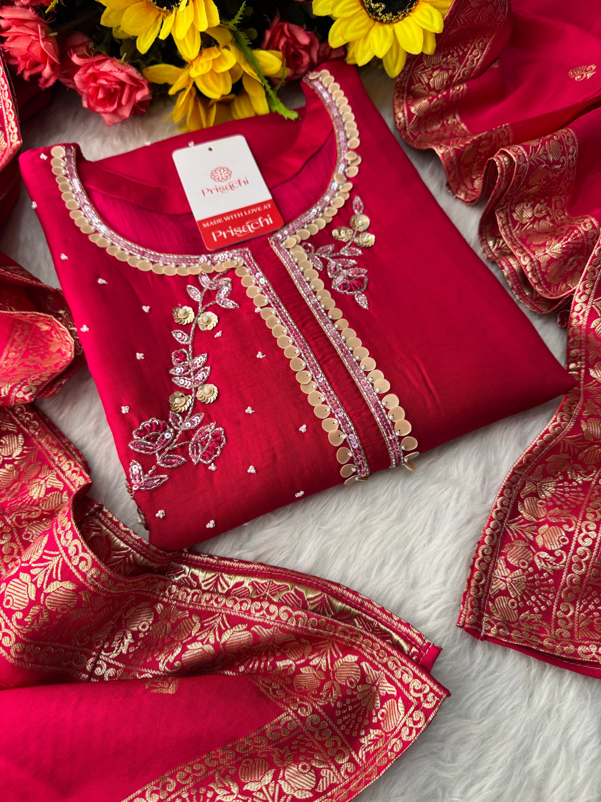 Pink Designer Embroidered Ethnic Kurta Set with Pants & Floral Dupatta - Prisachi Official