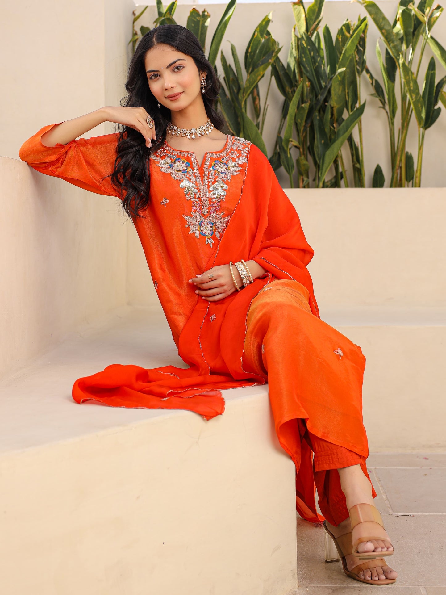 Orange Embroidered Kurta Set With viscous Dupatta