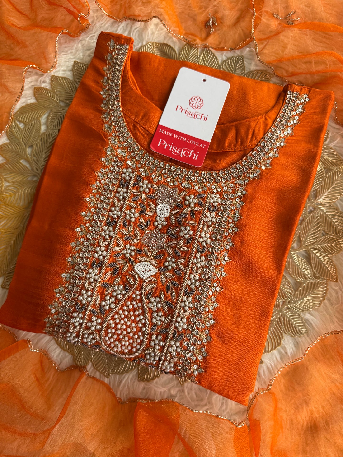 Orange  Designer embroidered kurta set with dupatta