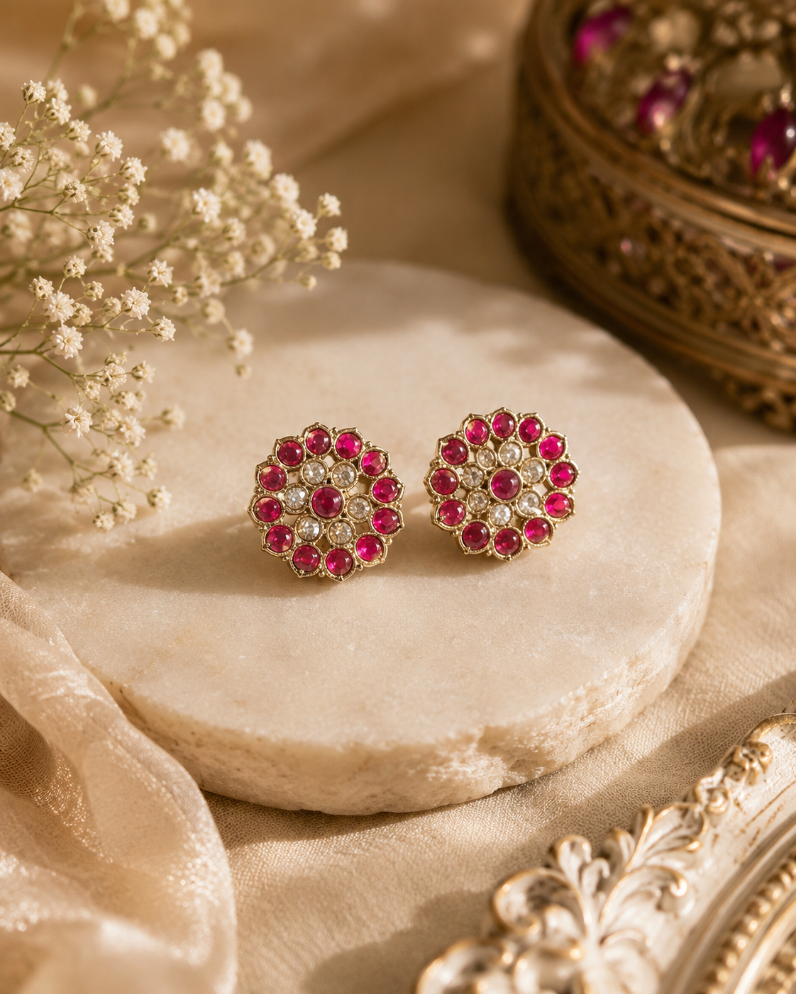 Traditional Gold-Plated Flower Kundan Stud Earrings for women