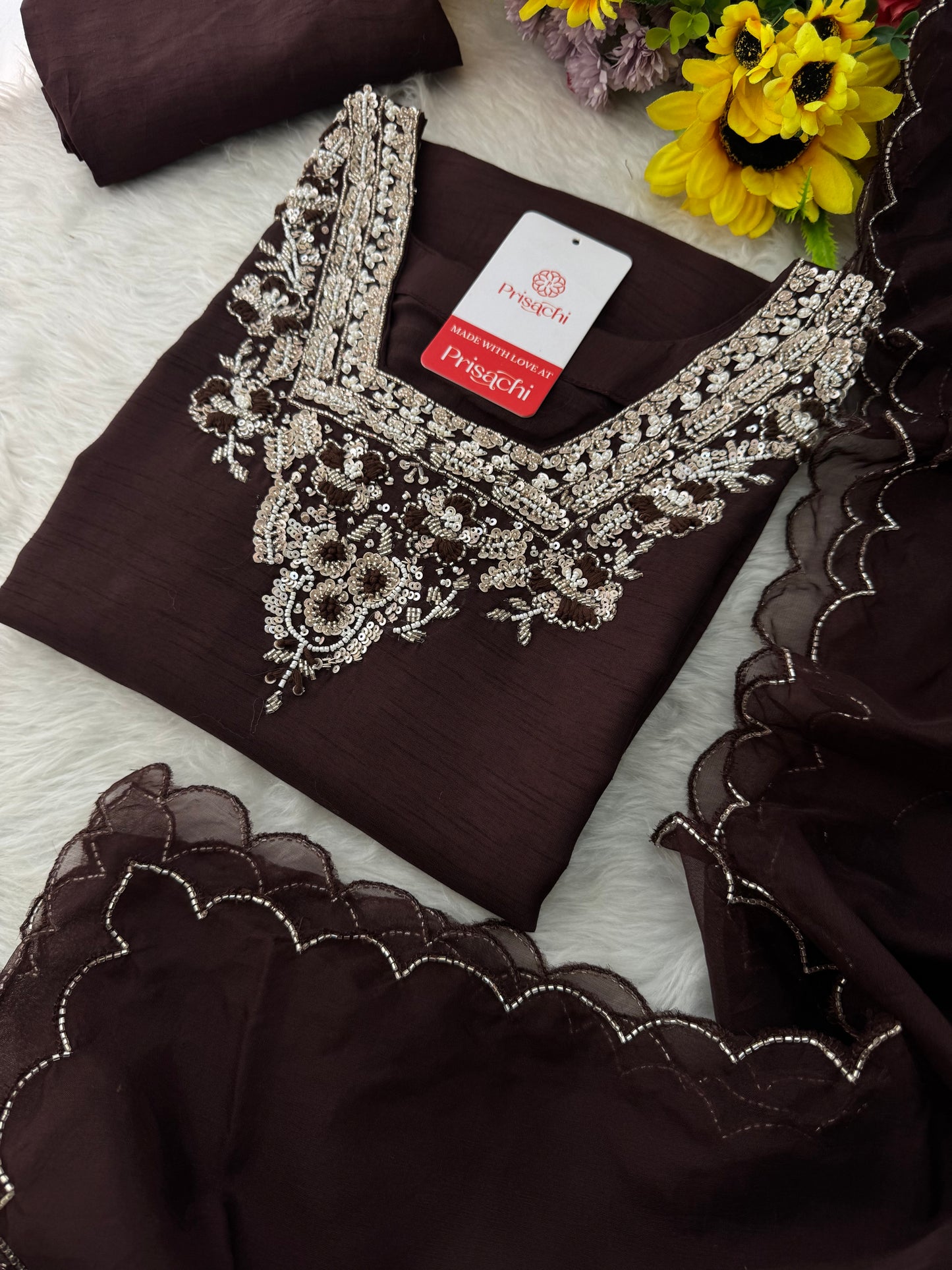 Brown hand embroidered kurta pant with dupatta - Prisachi Official