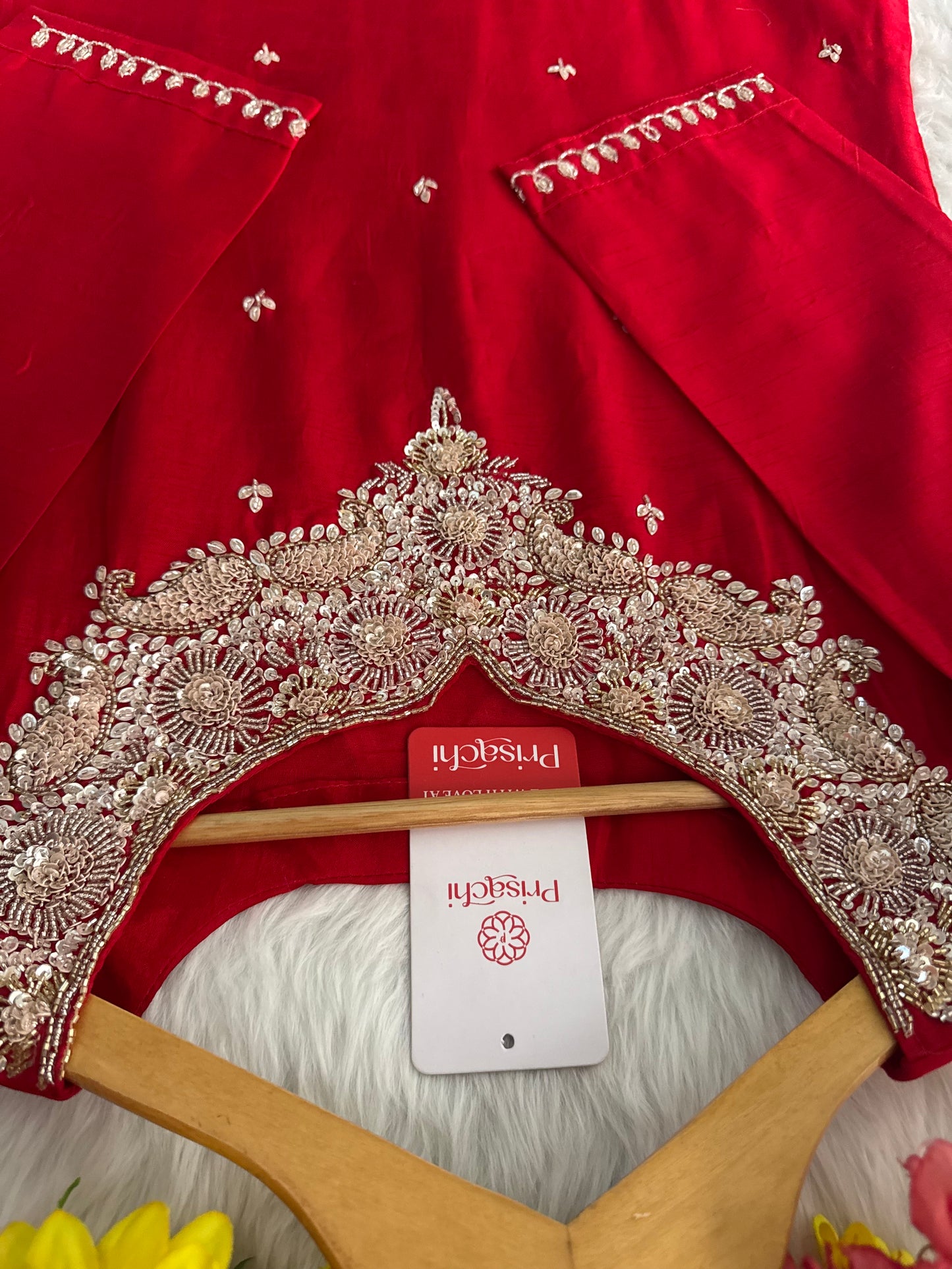 Red Embroidered kurta Pant with dupatta - Prisachi Official