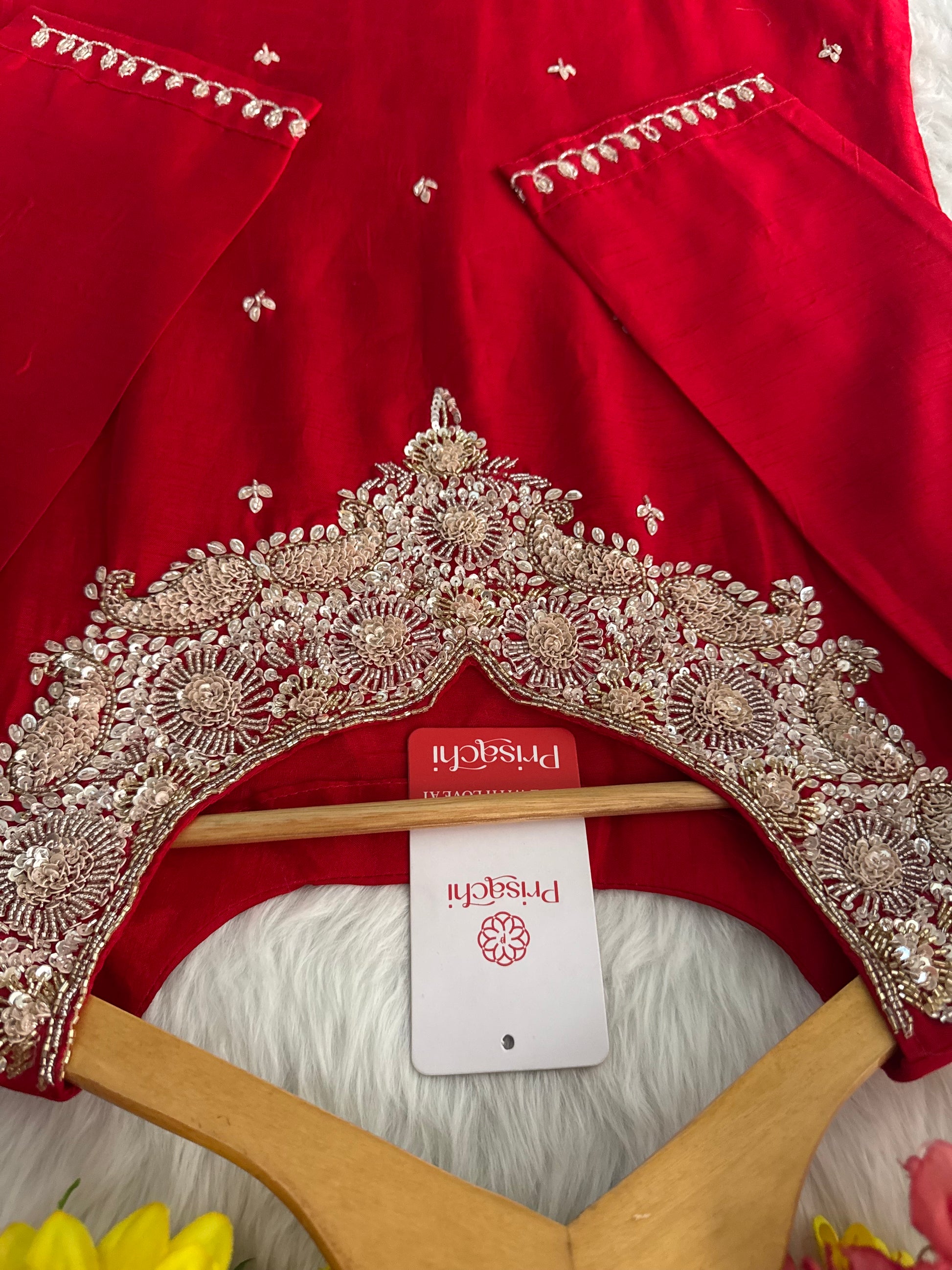 Red Embroidered kurta Pant with dupatta - Prisachi Official