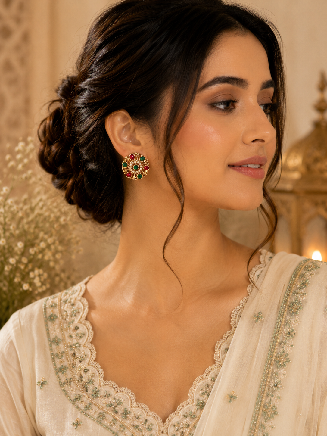 Traditional Gold-Plated Flower Kundan Stud Earrings for women