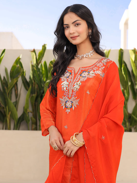 Orange Embroidered Kurta Set With viscous Dupatta