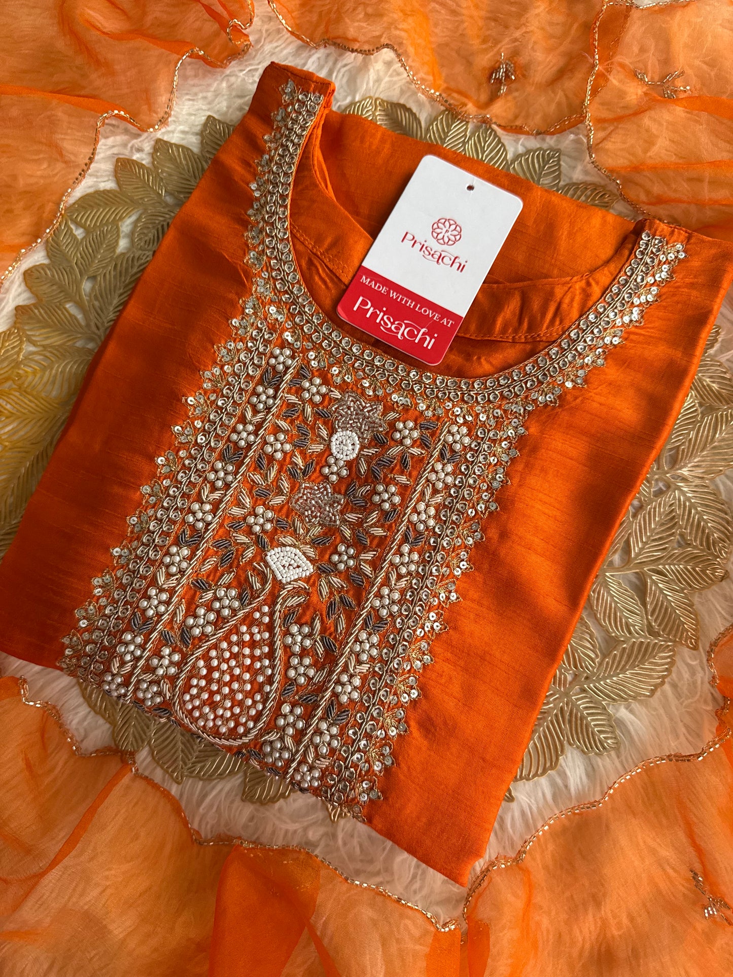 Orange  Designer embroidered kurta set with dupatta