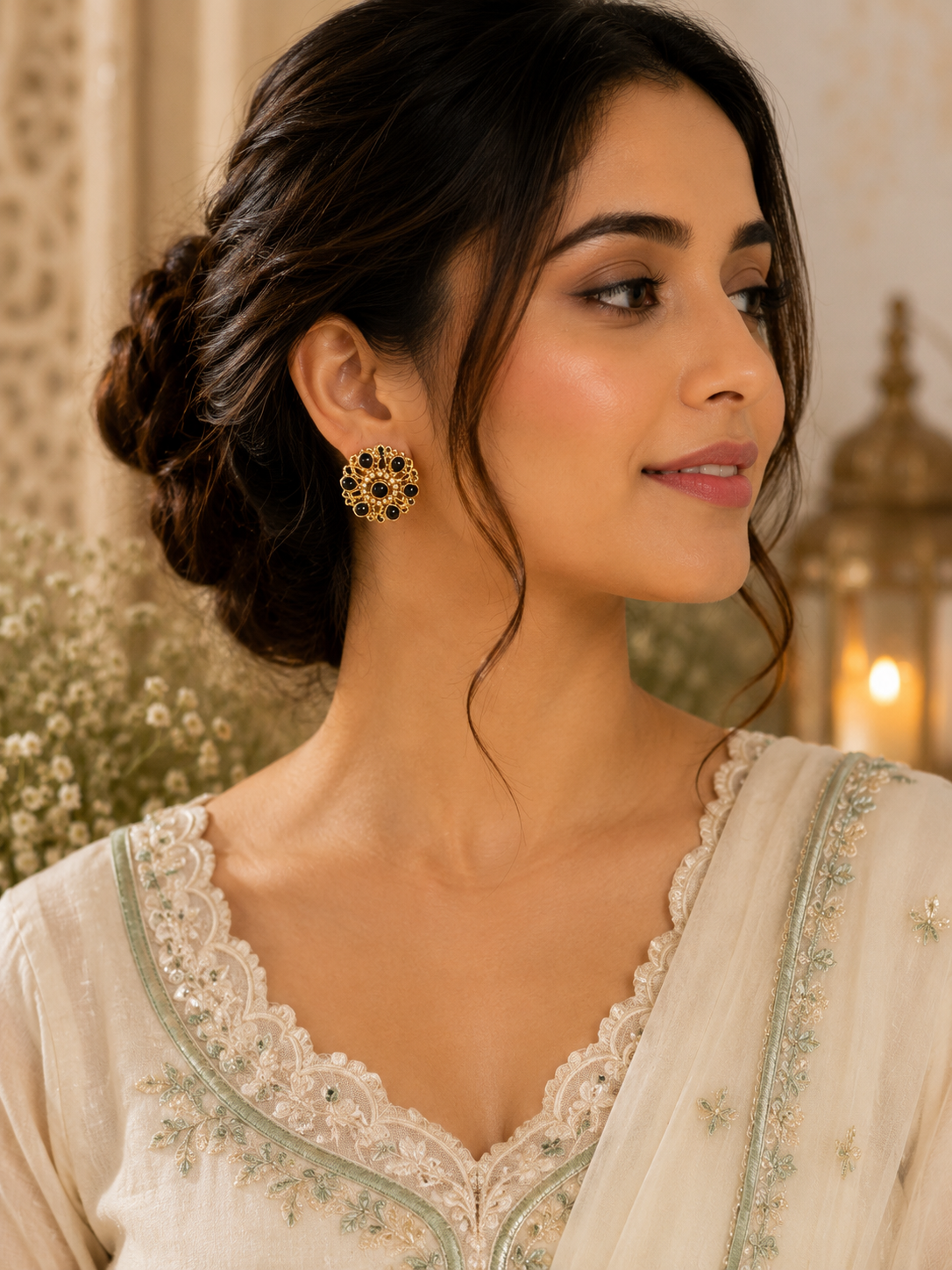 Traditional Gold-Plated Flower Kundan Stud Earrings for women