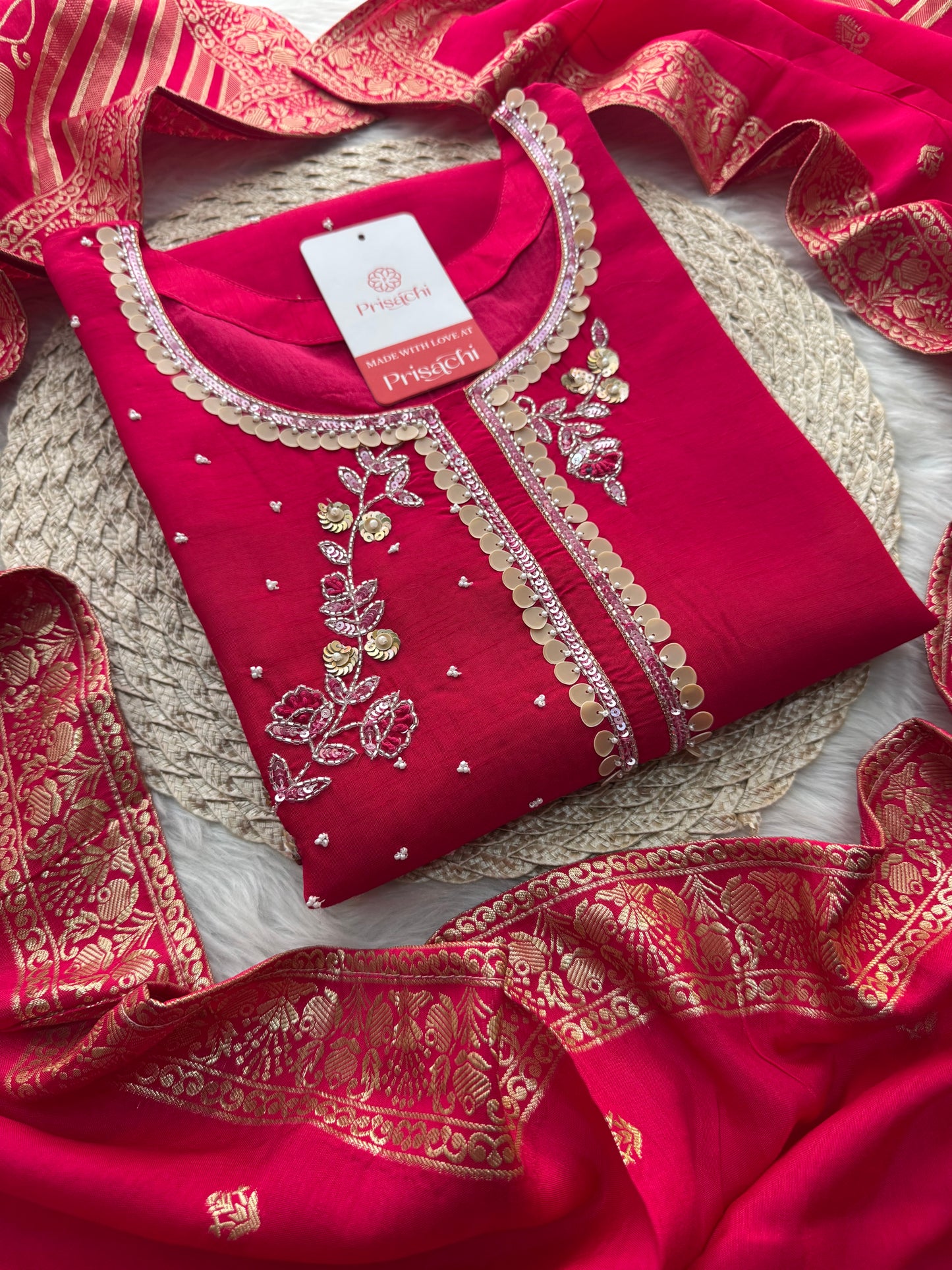 Pink Designer Embroidered Ethnic Kurta Set with Pants & Floral Dupatta - Prisachi Official