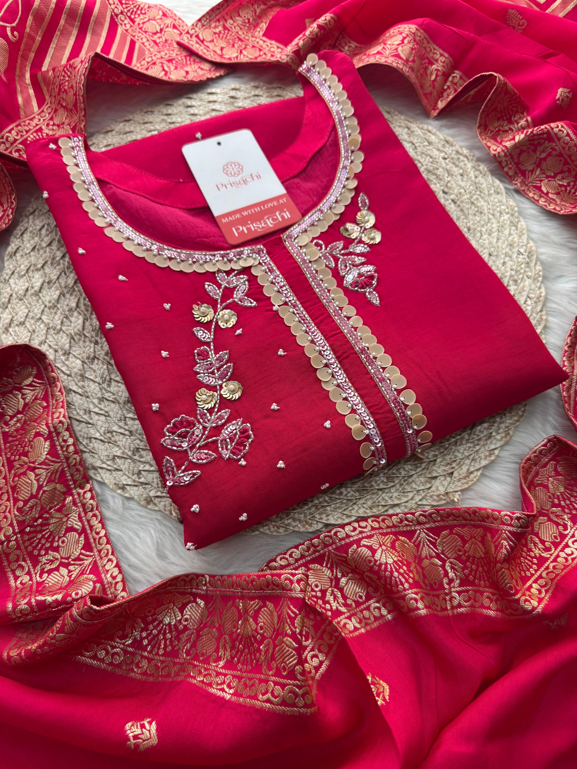 Pink Designer Embroidered Ethnic Kurta Set with Pants & Floral Dupatta - Prisachi Official