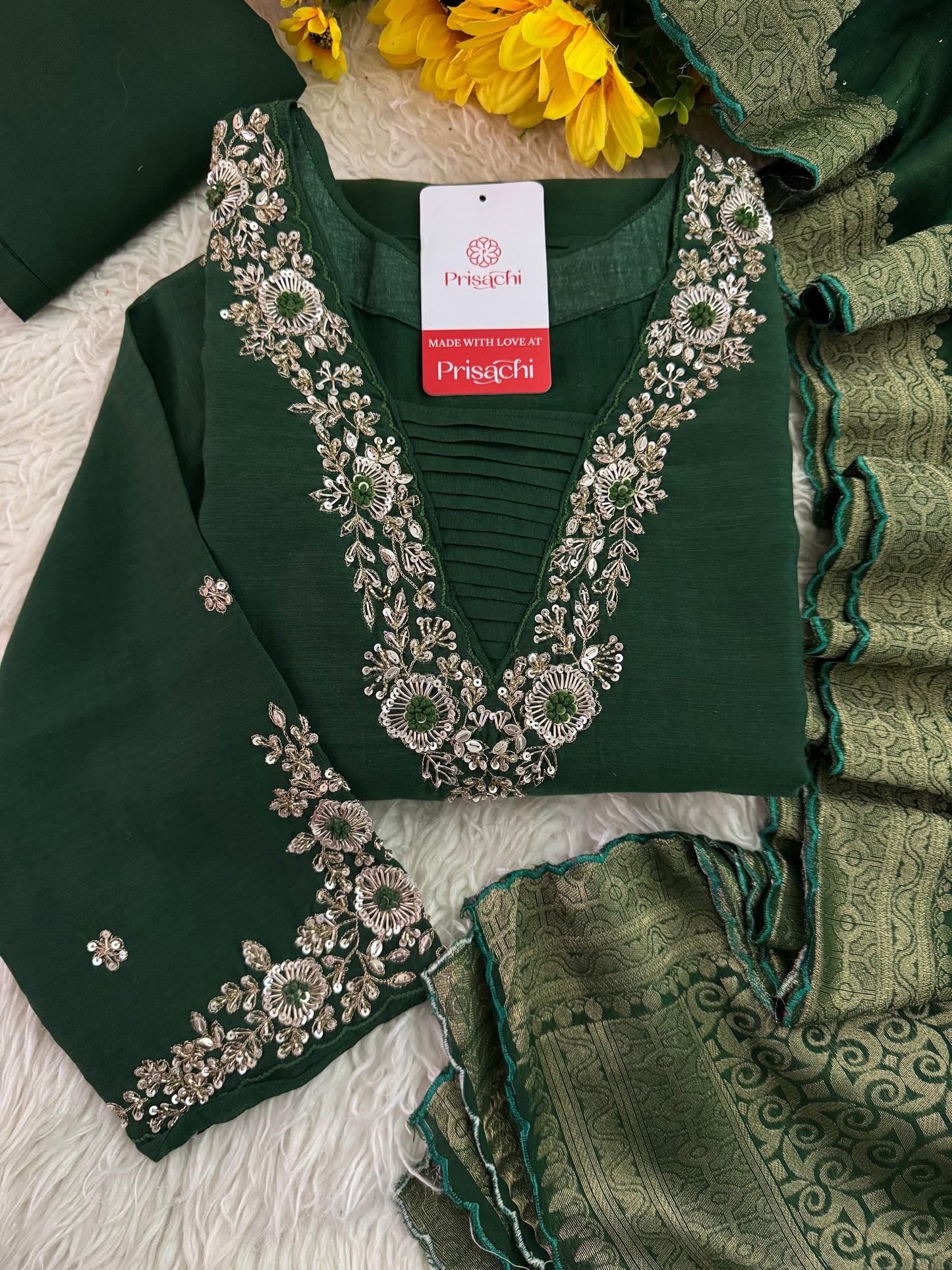 Brown hand embroidered A Line kurta pant with dupatta