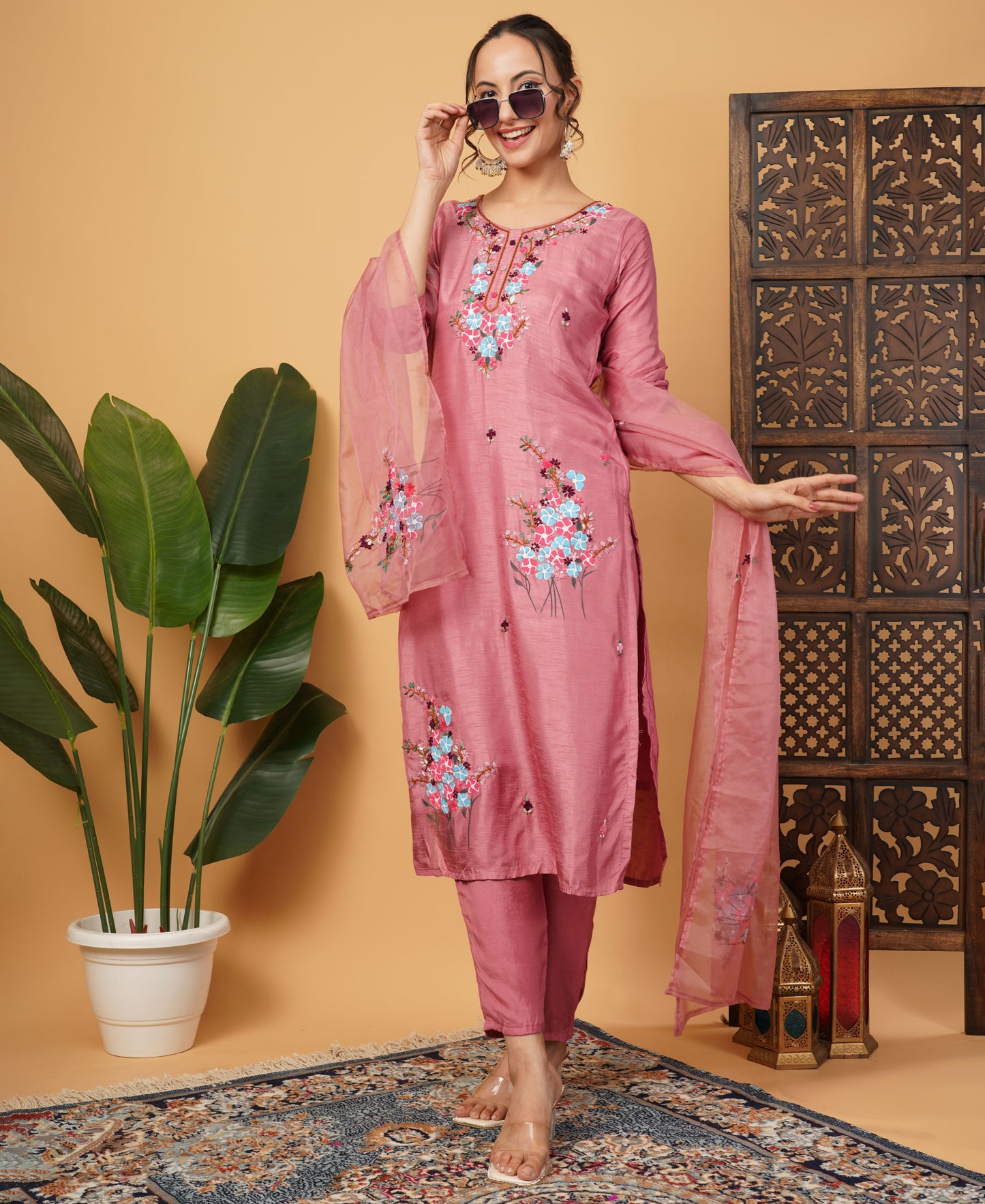 Pink Designer Embroidered Ethnic Kurta Set with Pant & Dupatta - Prisachi Official