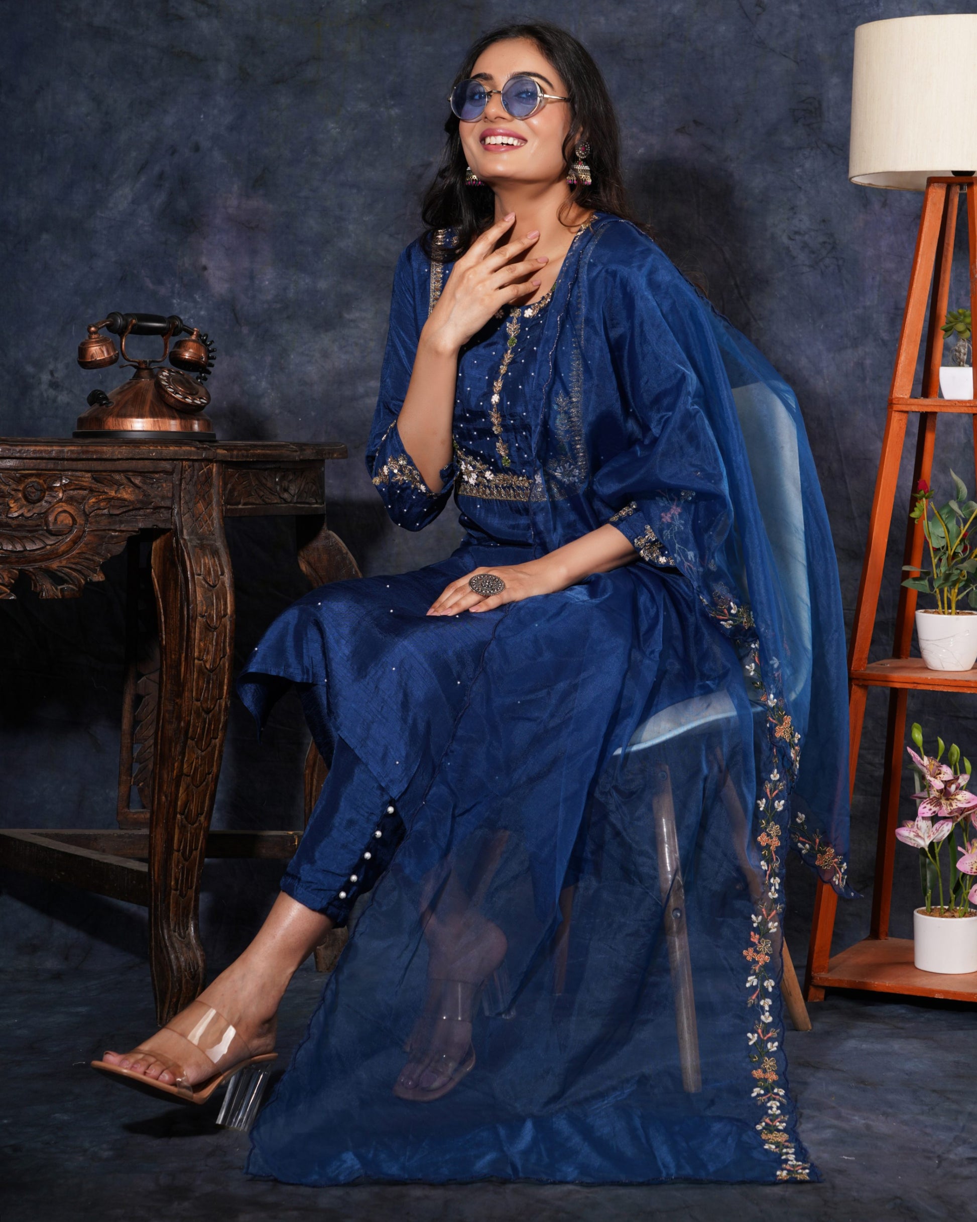 Blue Designer Embroidered Ethnic Kurta Set with Pant & Dupatta - Prisachi Official