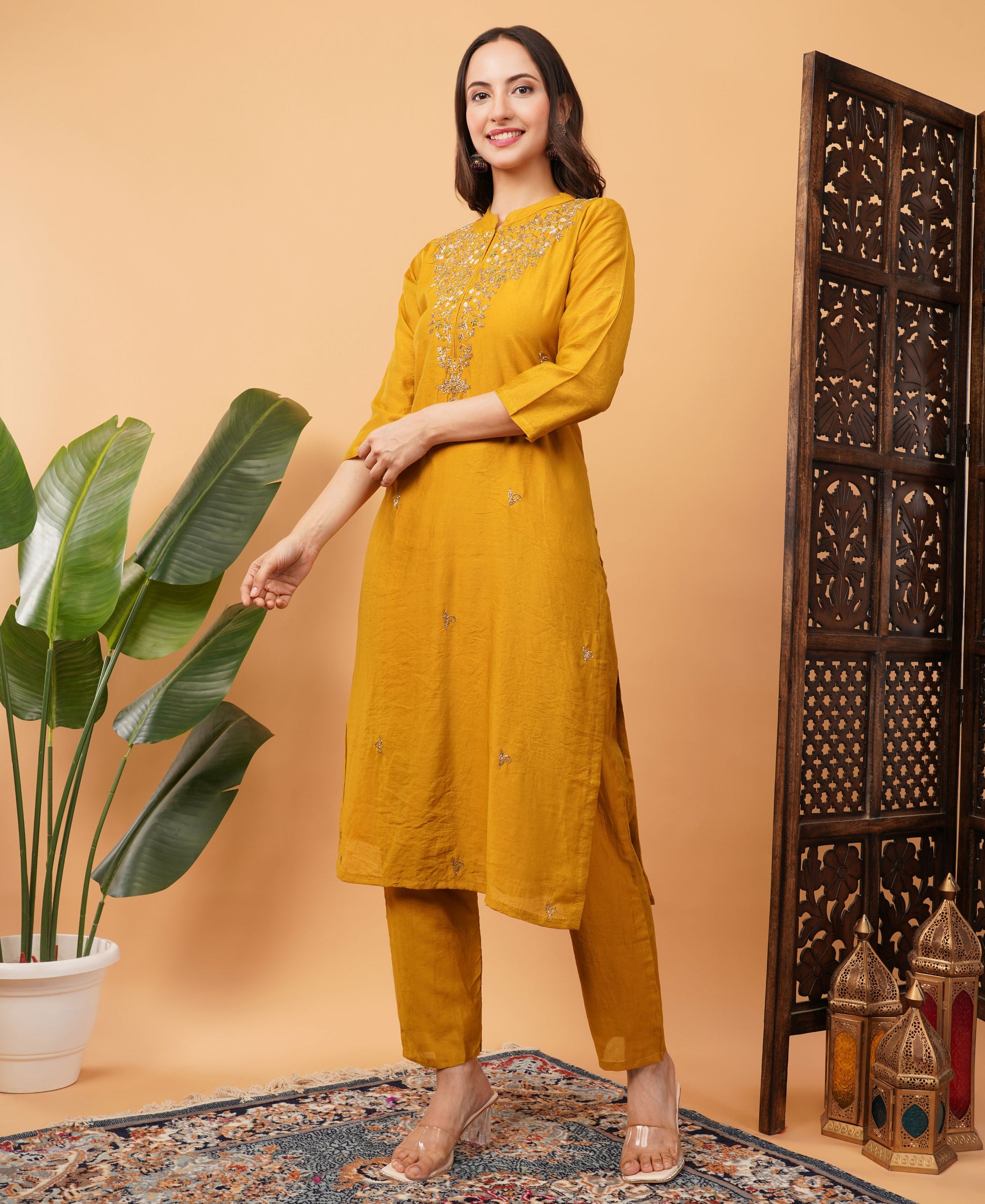 Yellow Designer Embroidered Ethnic Kurta Set with Pant & Dupatta - Prisachi Official