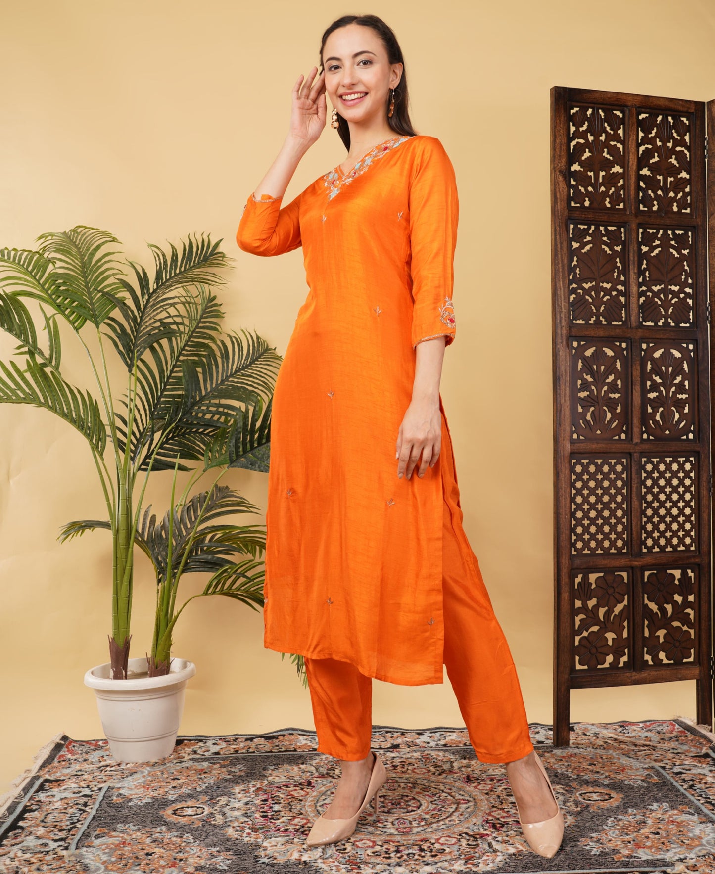 Orange Designer Embroidered Ethnic Kurta Set with Pant & Dupatta - Prisachi Official