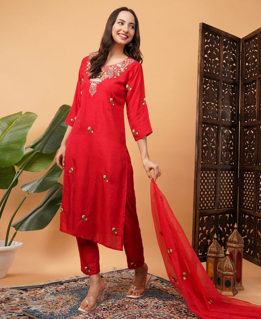 Red Designer Embroidered Ethnic Kurta Set with Pant & Dupatta - Prisachi Official
