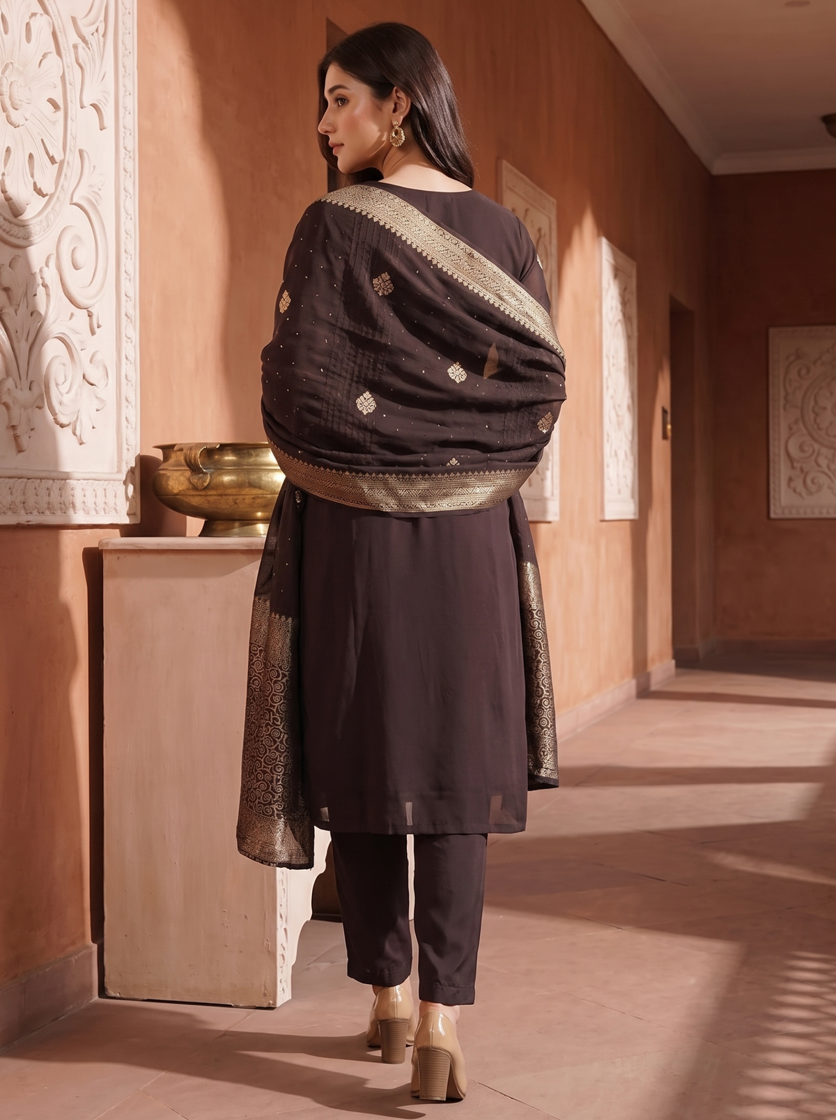 Brown Zardozi Embroidered Kurta Set with Banarasi Dupatta & Pants | Designer Festive Ethnic Suit