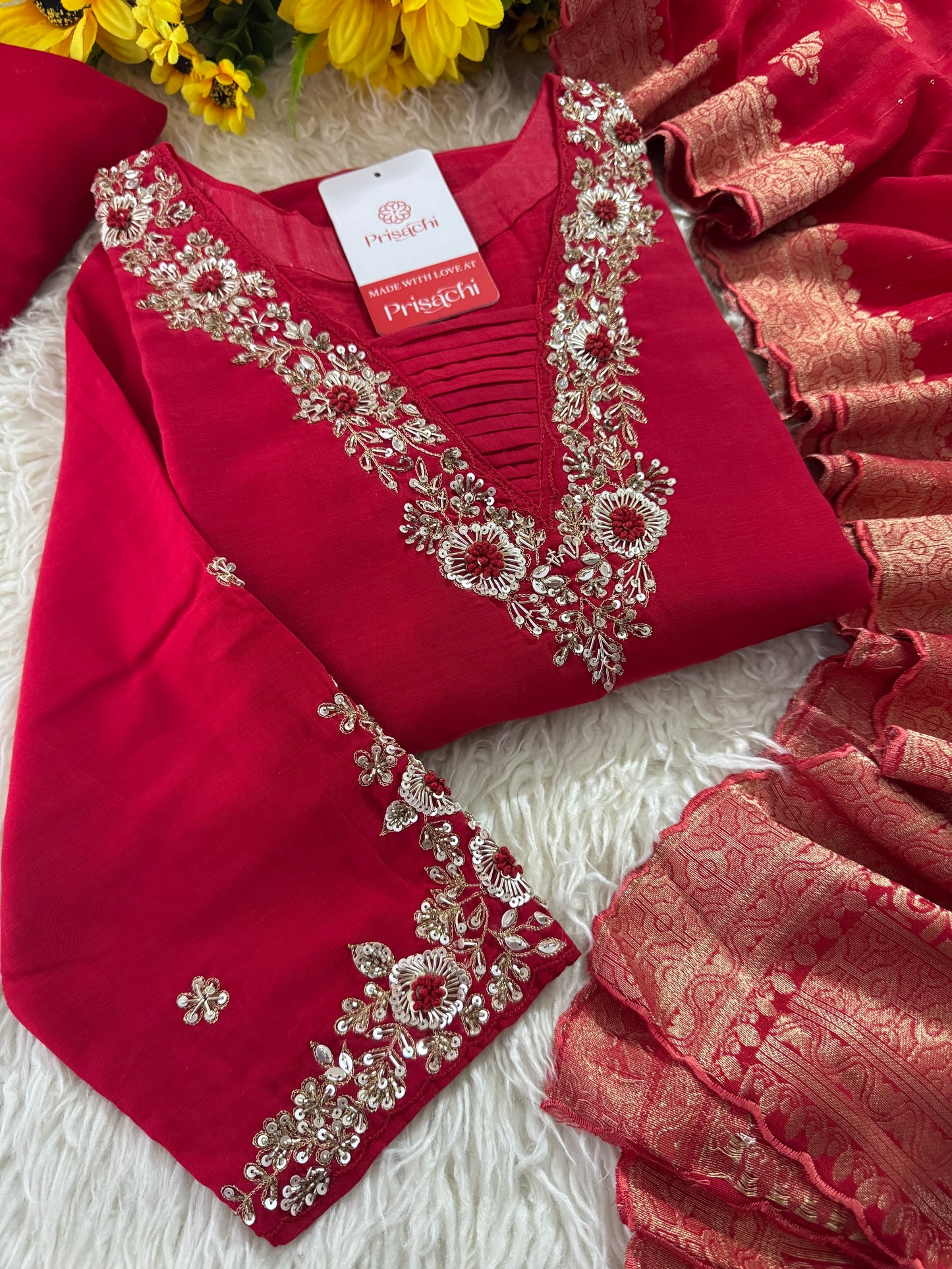 Brown hand embroidered A Line kurta pant with dupatta