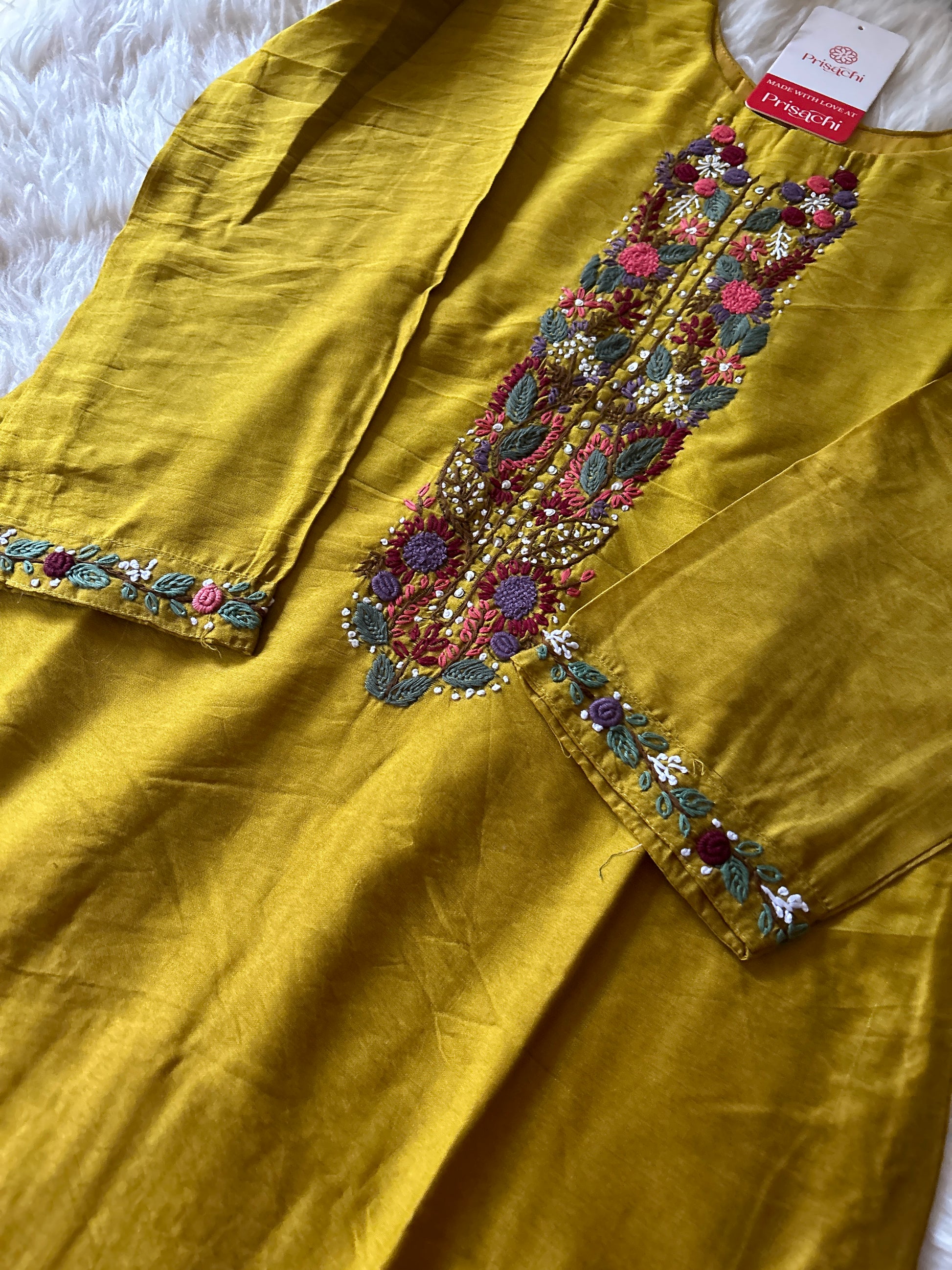 Yellow embroidered chanderi silk kurta set with dupatta - Prisachi Official