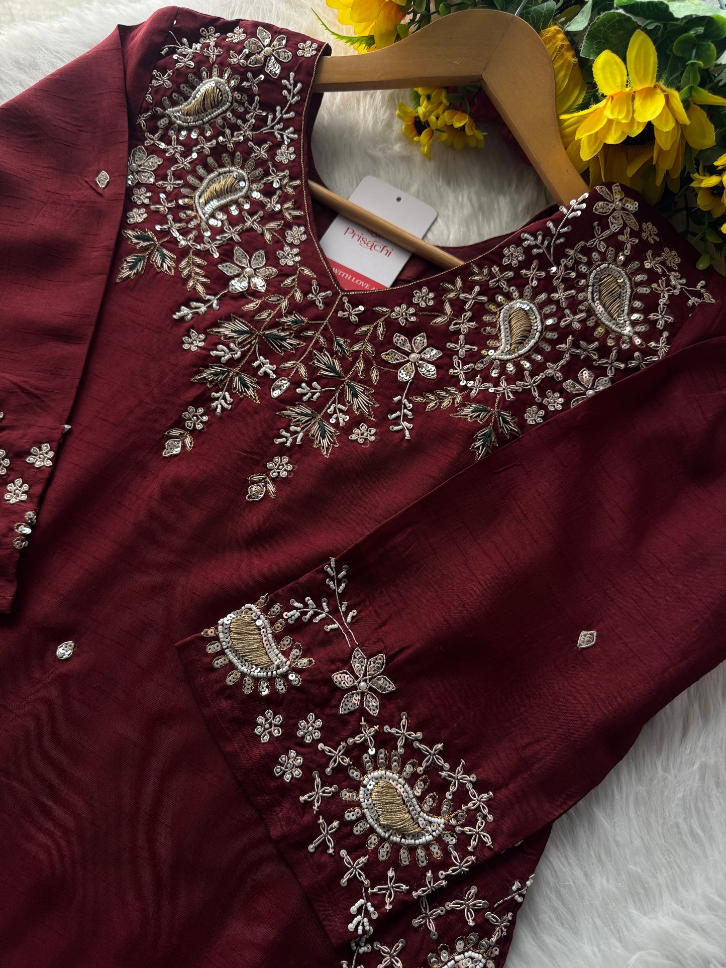 Brown hand embroidered kurta pant with dupatta with Pockets - Prisachi Official