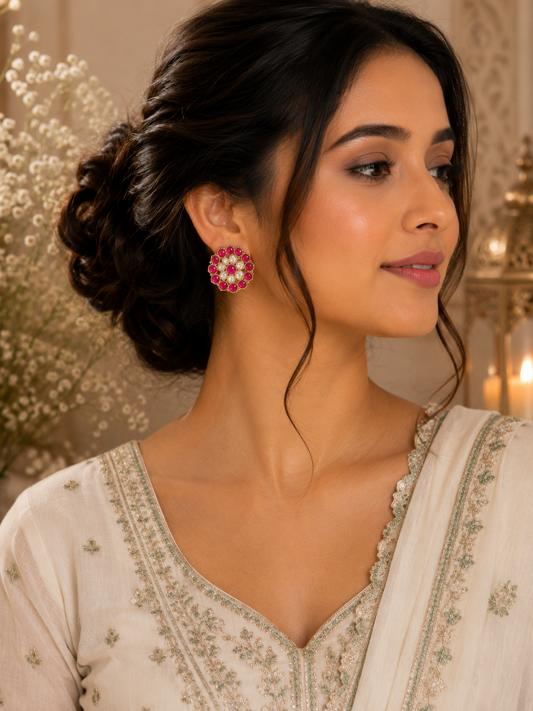 Traditional Gold-Plated Flower Kundan Stud Earrings for women
