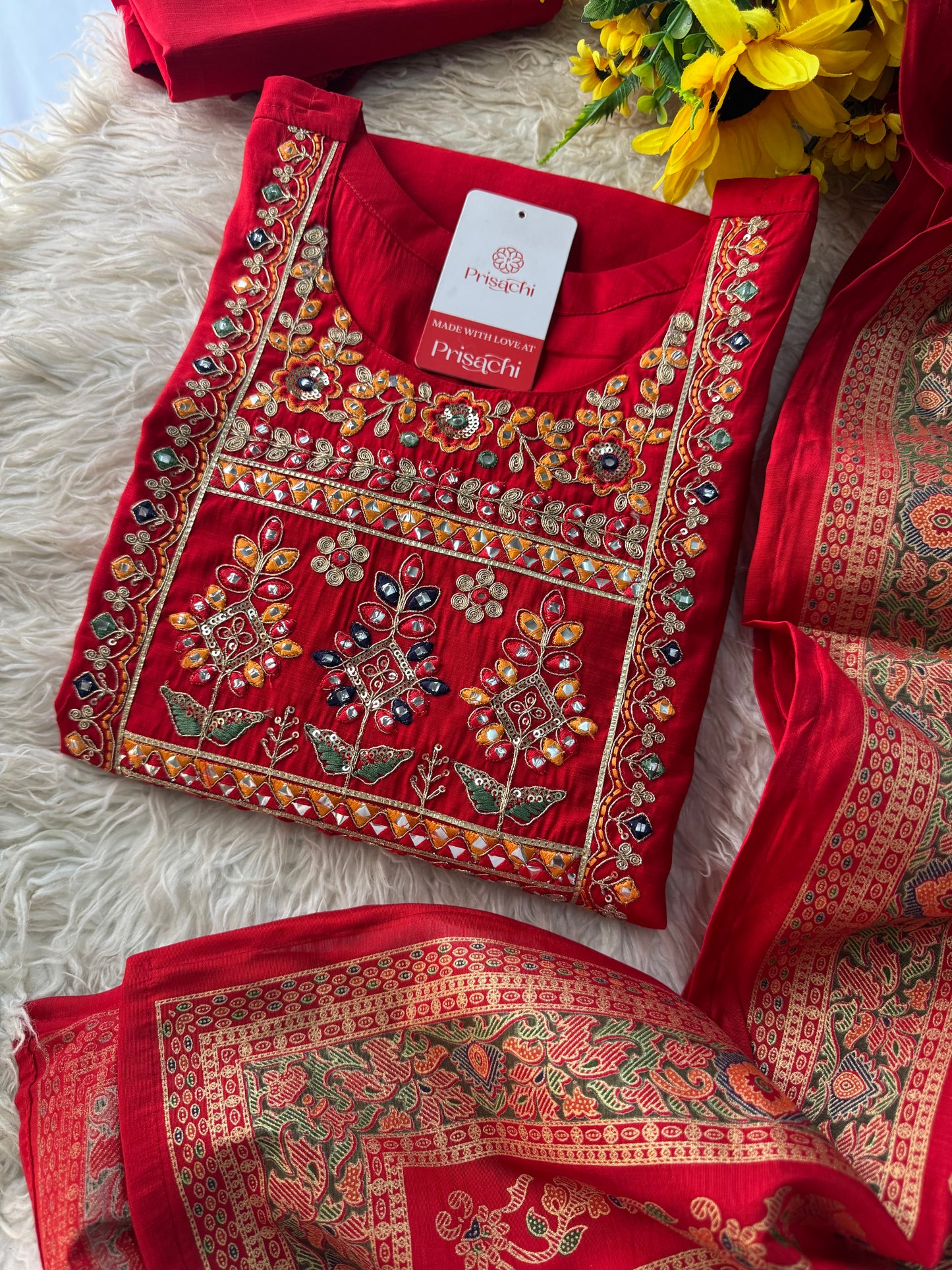 Red embroidered kurta set with dupatta