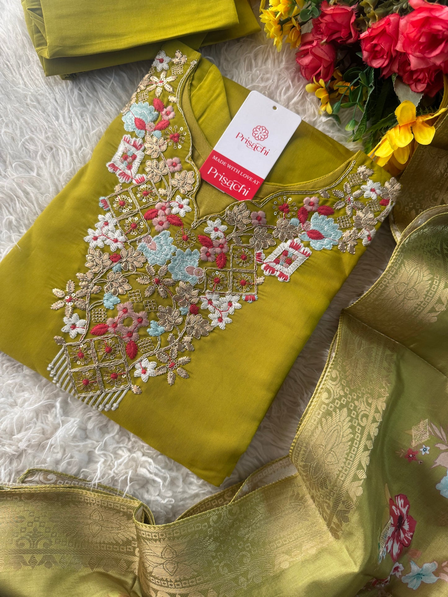 Green  embroidered kurta set with dupatta