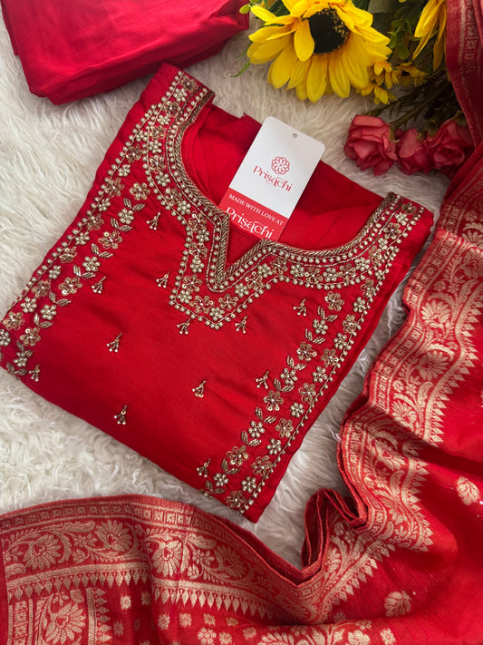 Red embroidered kurta set with dupatta