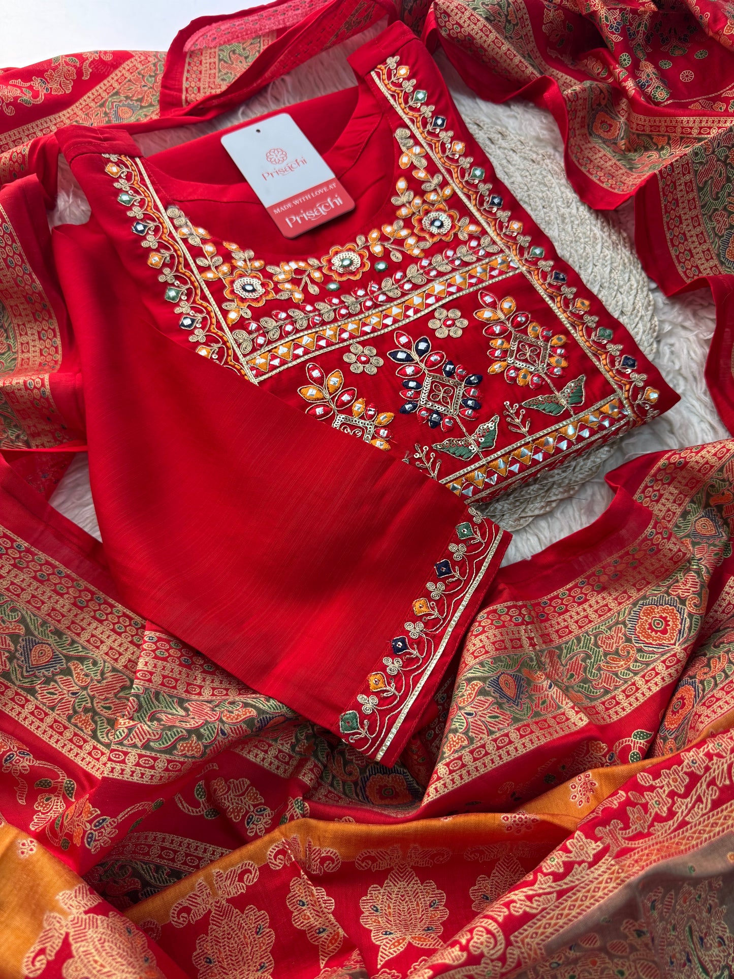 Red embroidered kurta set with dupatta